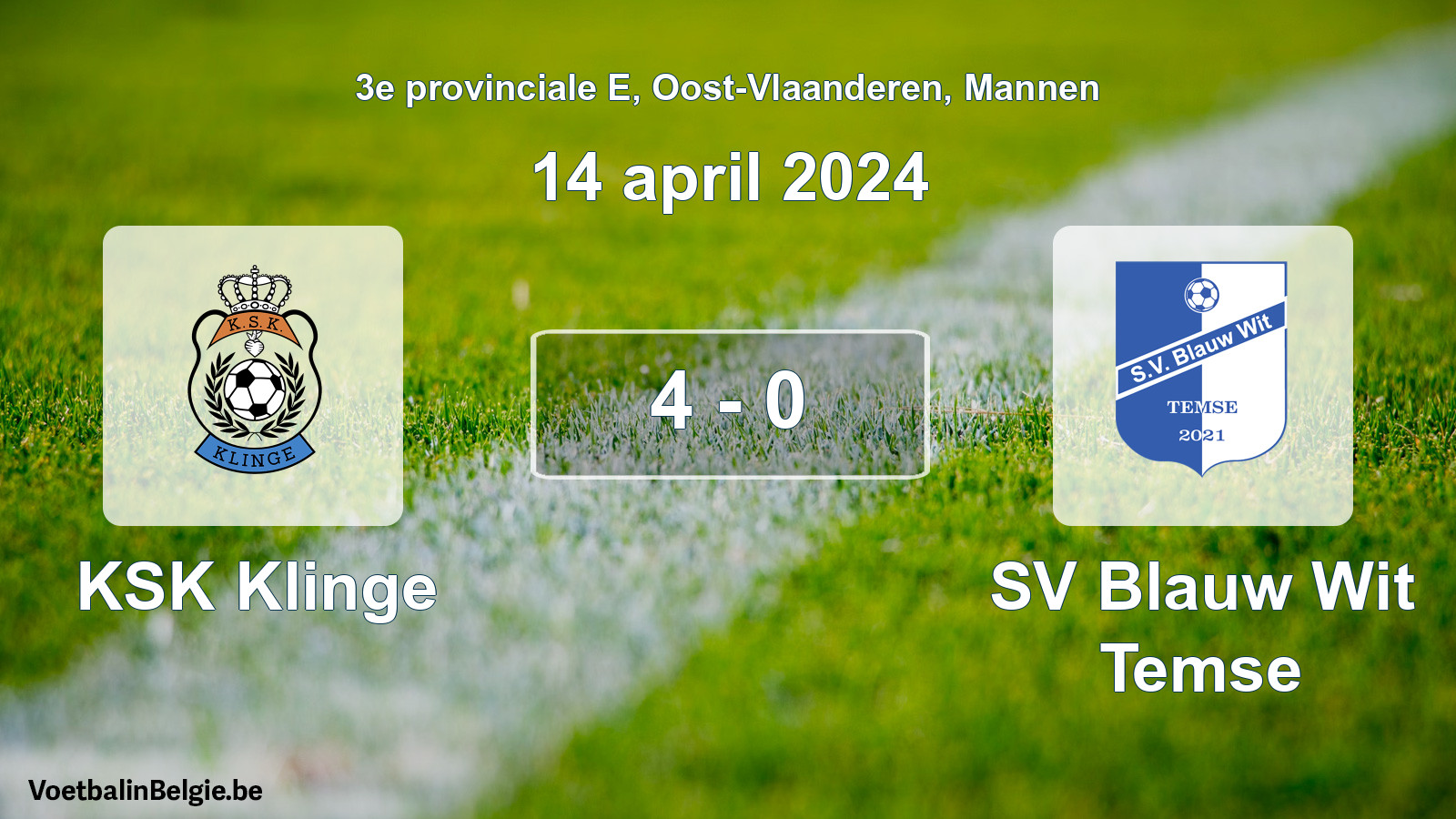 Gespeelde wedstrijd mannenvoetbal: KSK Klinge - SV Blauw Wit Temse 4 - 0 (14 april 2024)