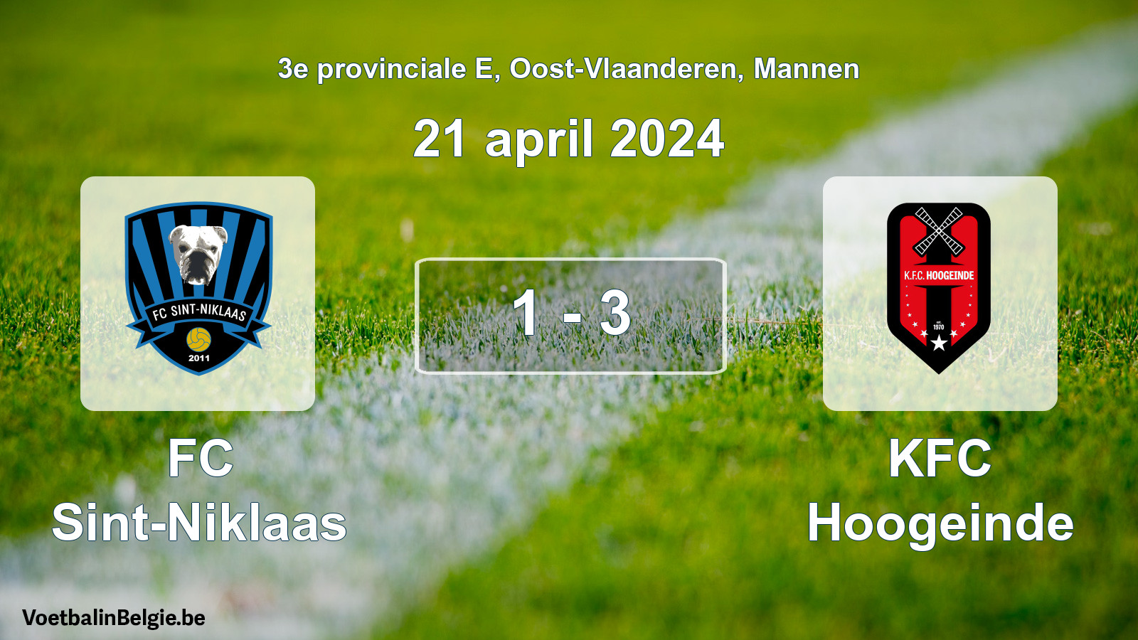 Gespeelde wedstrijd mannenvoetbal: FC Sint-Niklaas - KFC Hoogeinde 1 - 3 (21 april 2024)