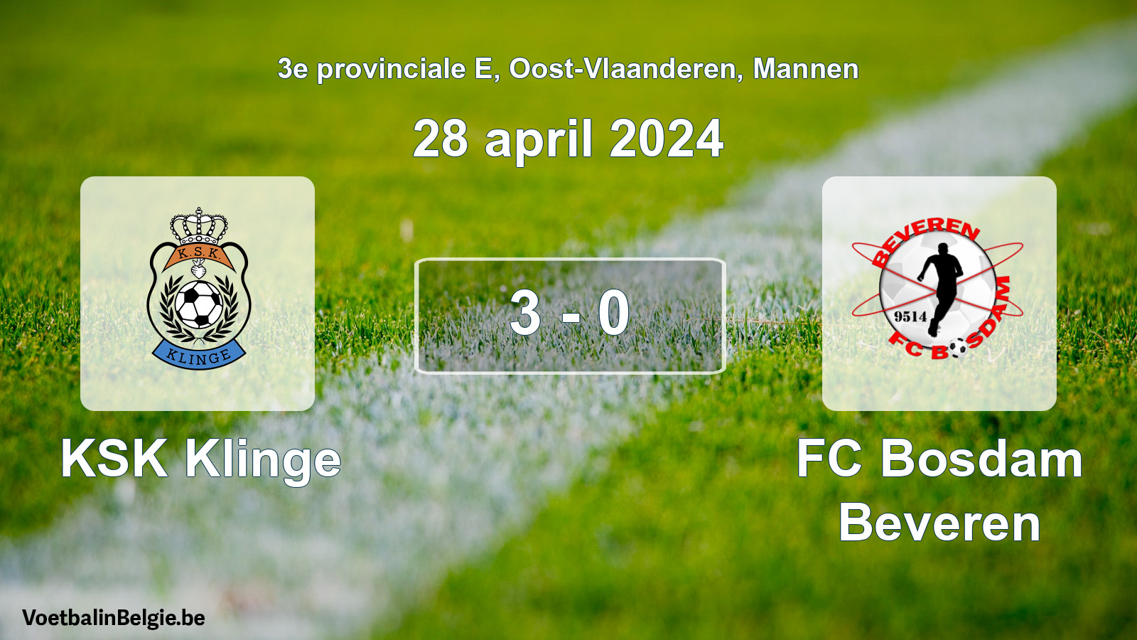 Gespeelde wedstrijd mannenvoetbal: KSK Klinge - FC Bosdam Beveren 3 - 0 (28 april 2024)