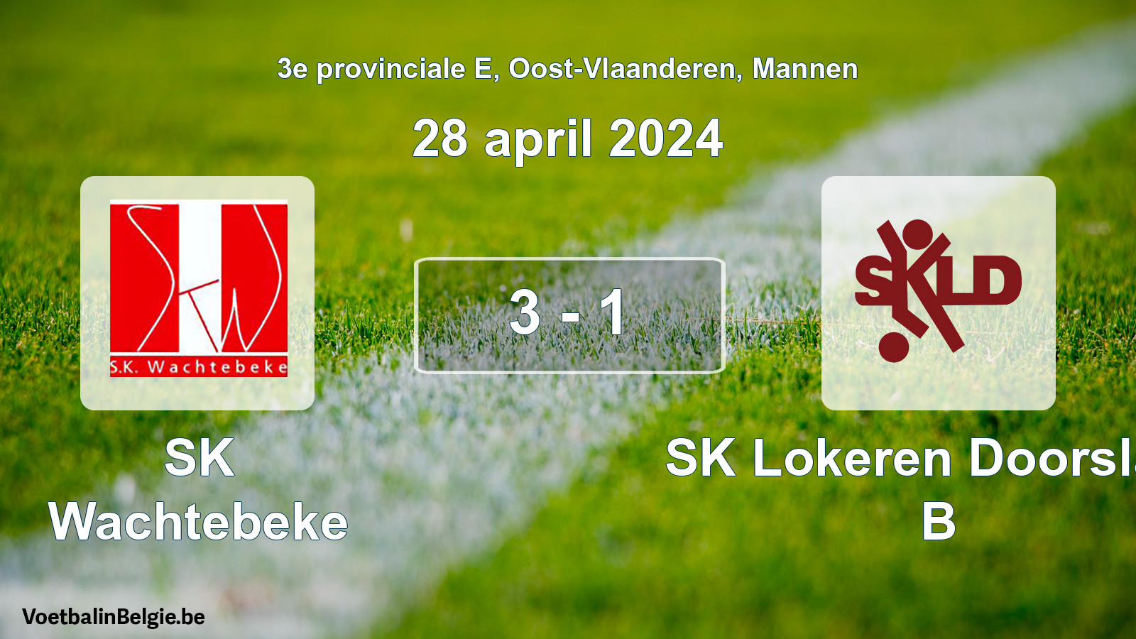Gespeelde wedstrijd mannenvoetbal: SK Wachtebeke - SK Lokeren Doorslaar B 3 - 1 (28 april 2024)