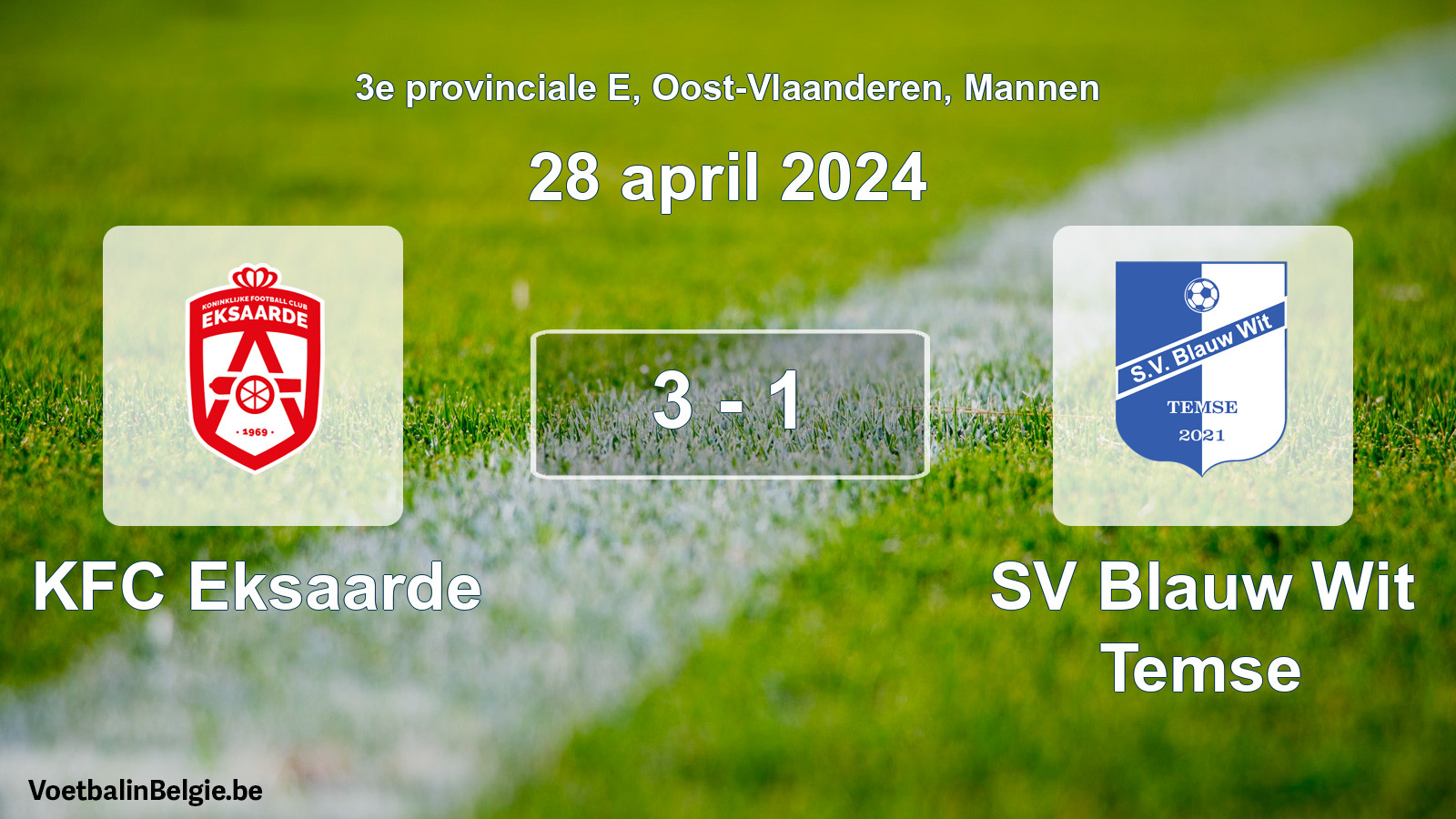 Gespeelde wedstrijd mannenvoetbal: KFC Eksaarde - SV Blauw Wit Temse 3 - 1 (28 april 2024)