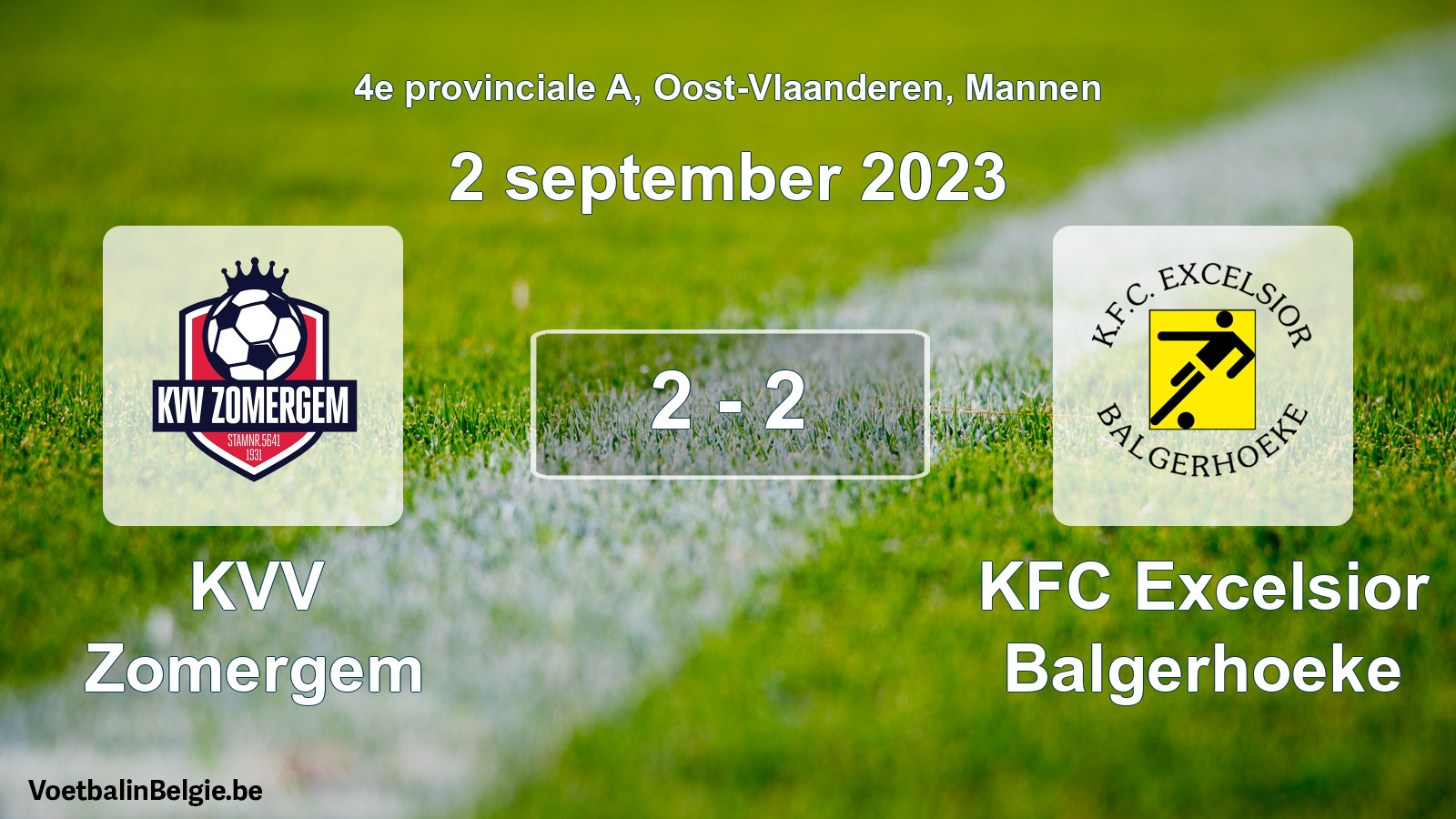 Gespeelde wedstrijd mannenvoetbal: KVV Zomergem - KFC Excelsior Balgerhoeke 2 - 2 (2 september 2023)