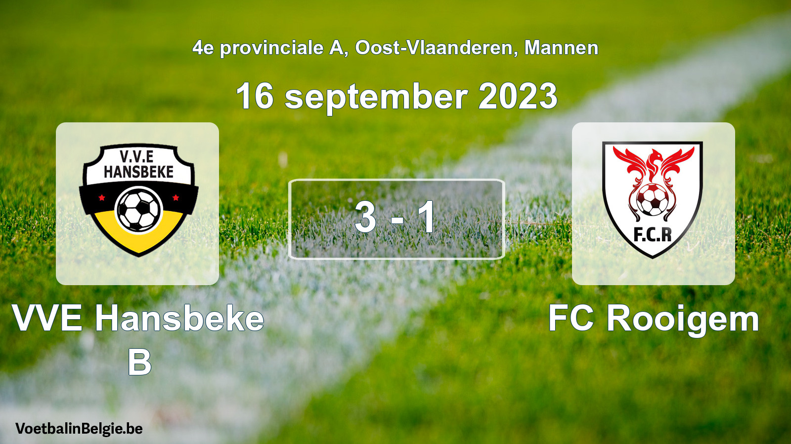Gespeelde wedstrijd mannenvoetbal: VVE Hansbeke B - FC Rooigem 3 - 1 (16 september 2023)