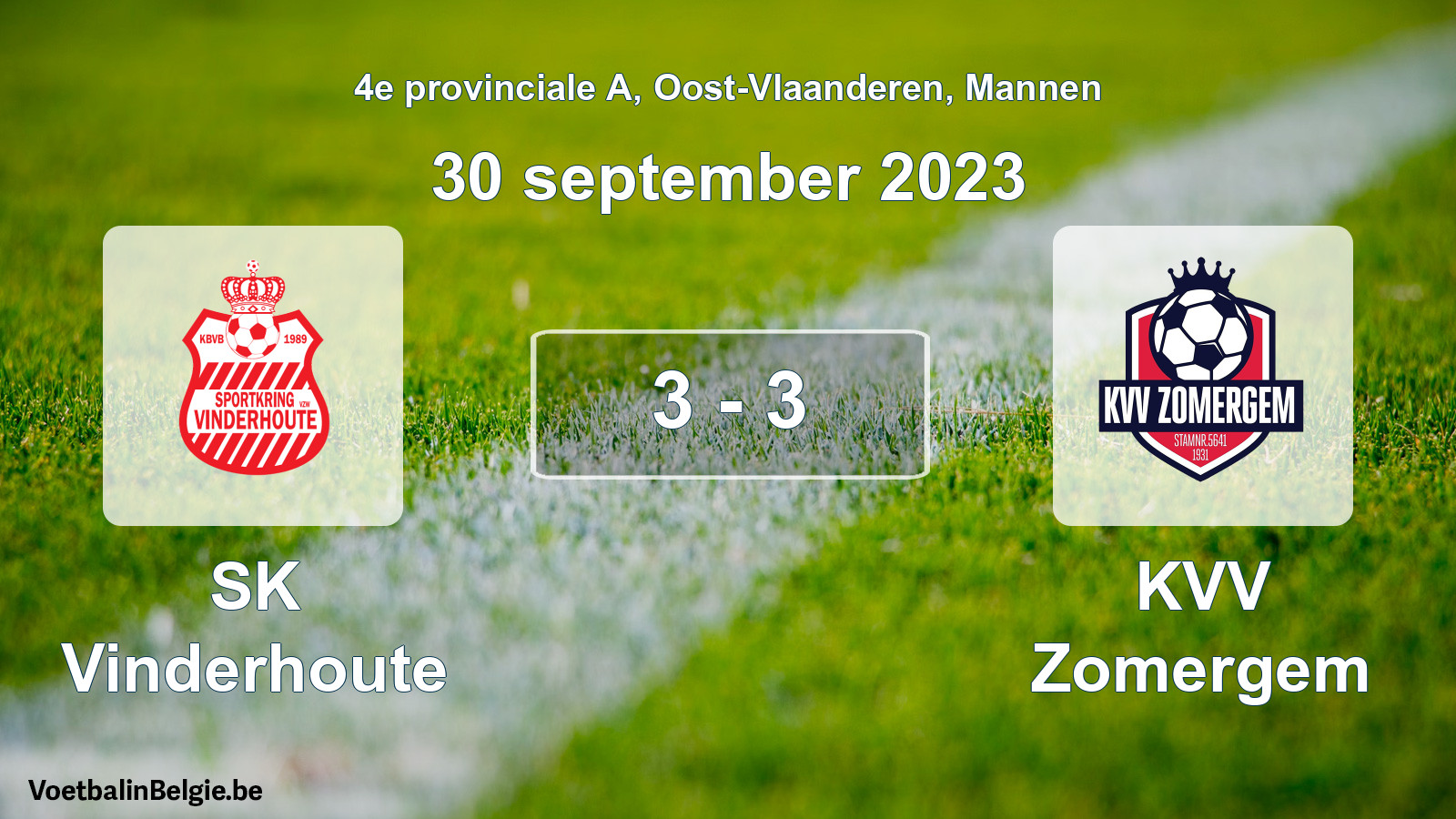 Gespeelde wedstrijd mannenvoetbal: SK Vinderhoute - KVV Zomergem 3 - 3 (30 september 2023)