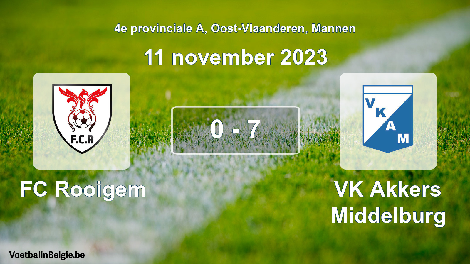 Gespeelde wedstrijd mannenvoetbal: FC Rooigem - VK Akkers Middelburg 0 - 7 (11 november 2023)