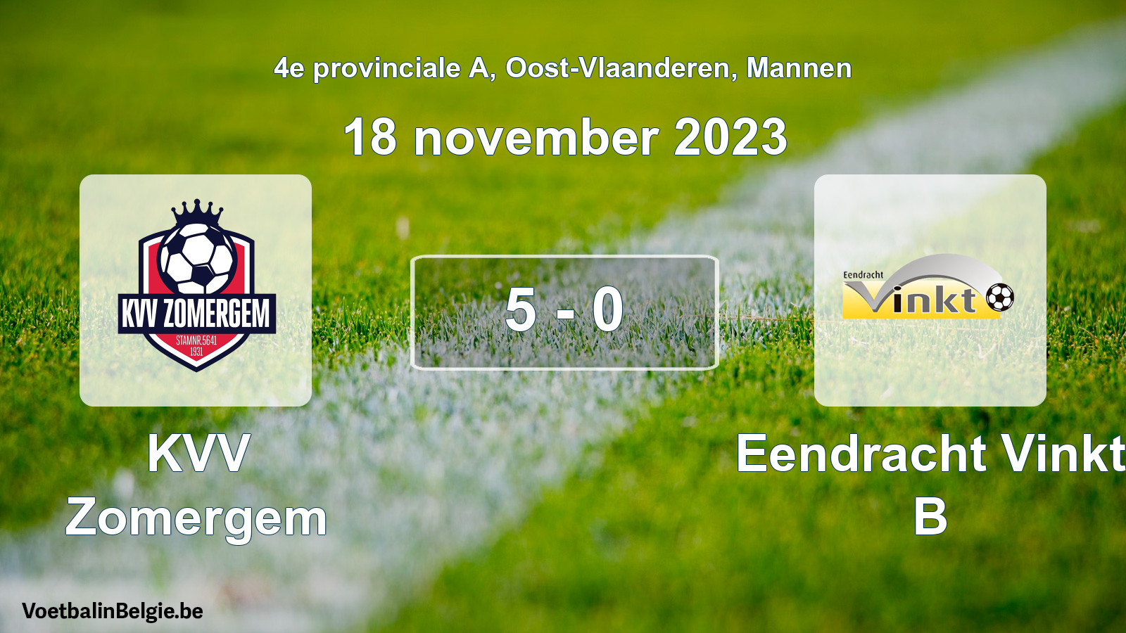 Gespeelde wedstrijd mannenvoetbal: KVV Zomergem - Eendracht Vinkt B 5 - 0 (18 november 2023)
