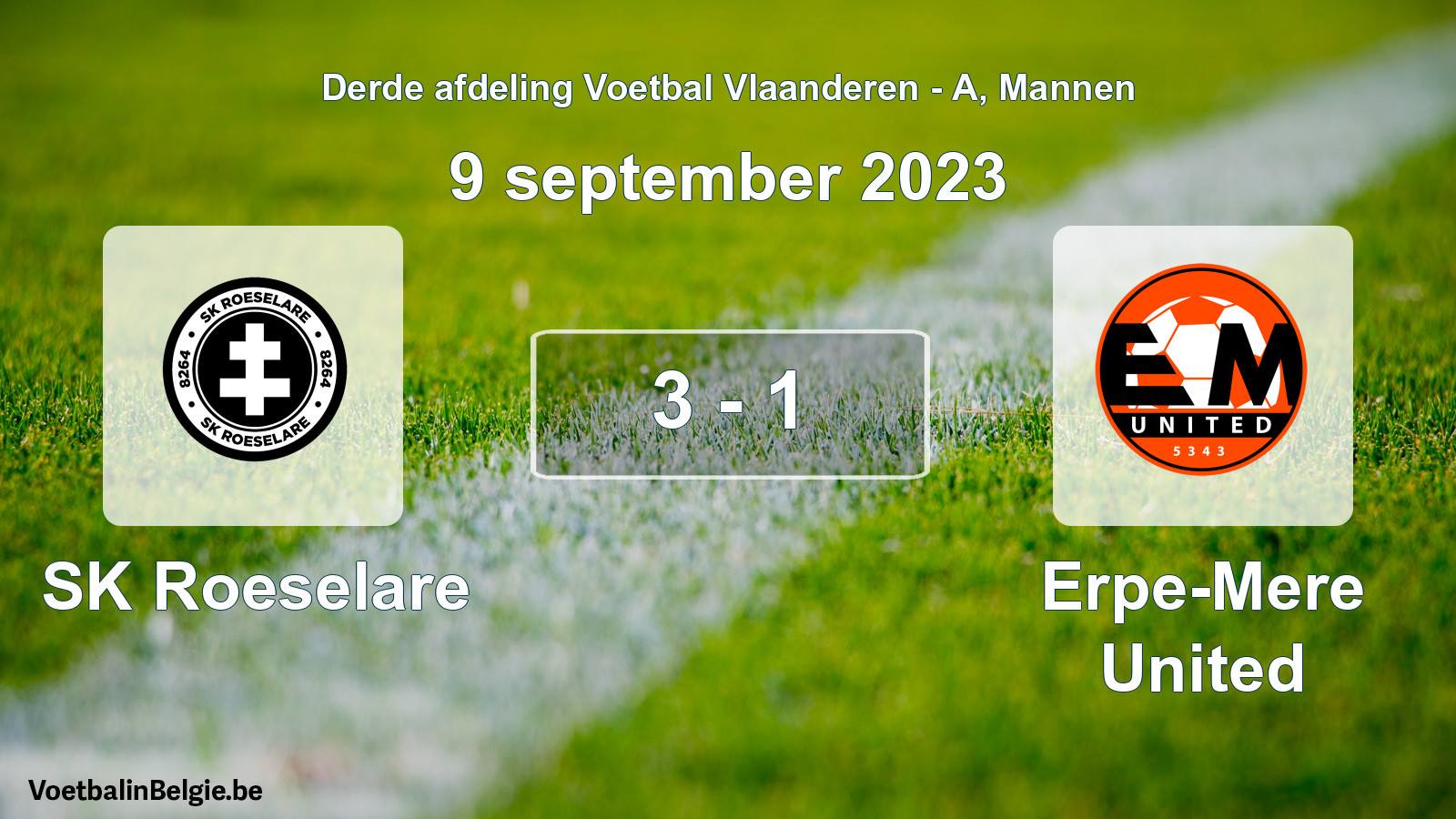 Gespeelde wedstrijd mannenvoetbal: SK Roeselare - Erpe-Mere United 3 - 1 (9 september 2023)
