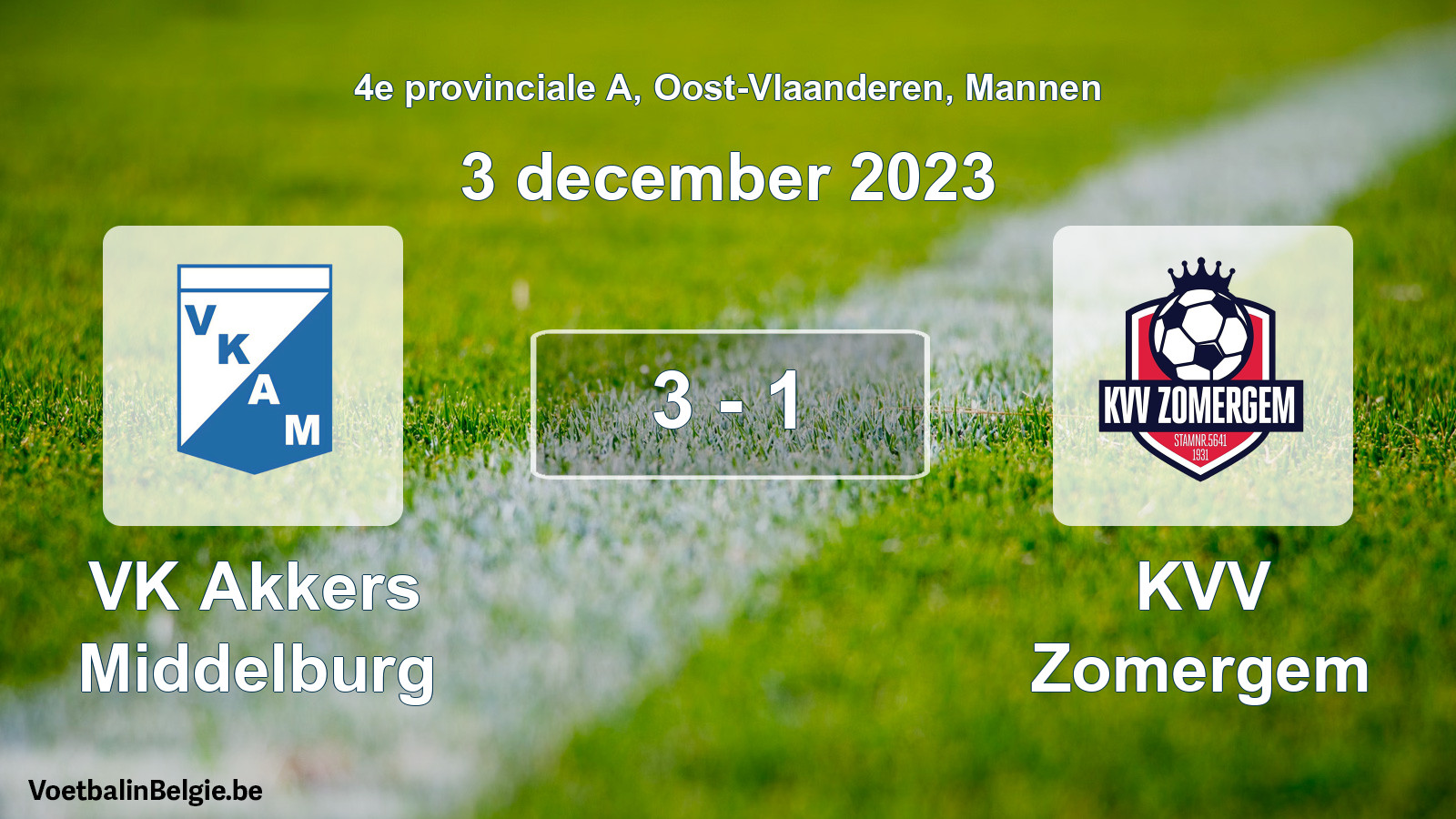 Gespeelde wedstrijd mannenvoetbal: VK Akkers Middelburg - KVV Zomergem 3 - 1 (3 december 2023)