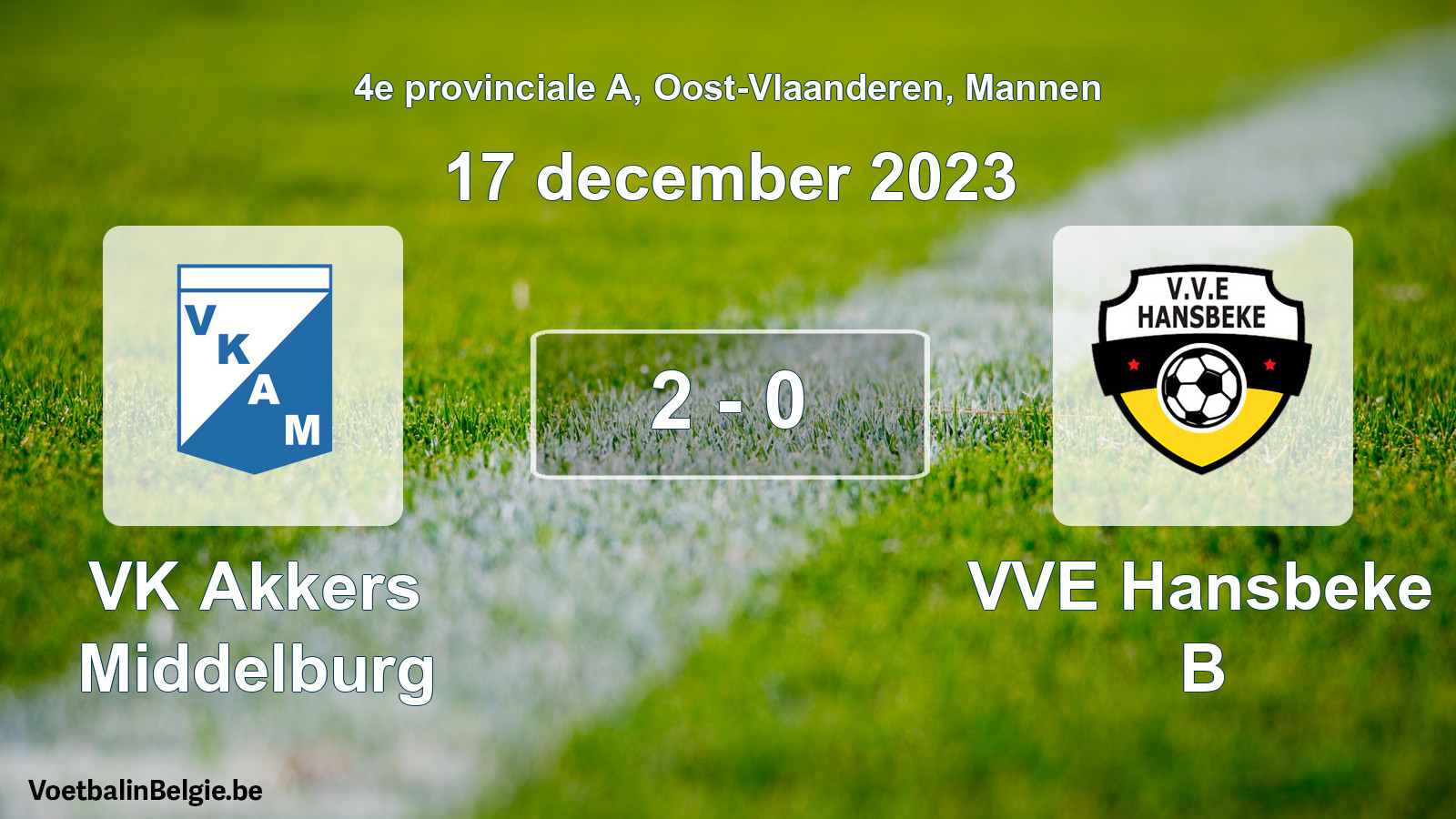 Gespeelde wedstrijd mannenvoetbal: VK Akkers Middelburg - VVE Hansbeke B 2 - 0 (17 december 2023)