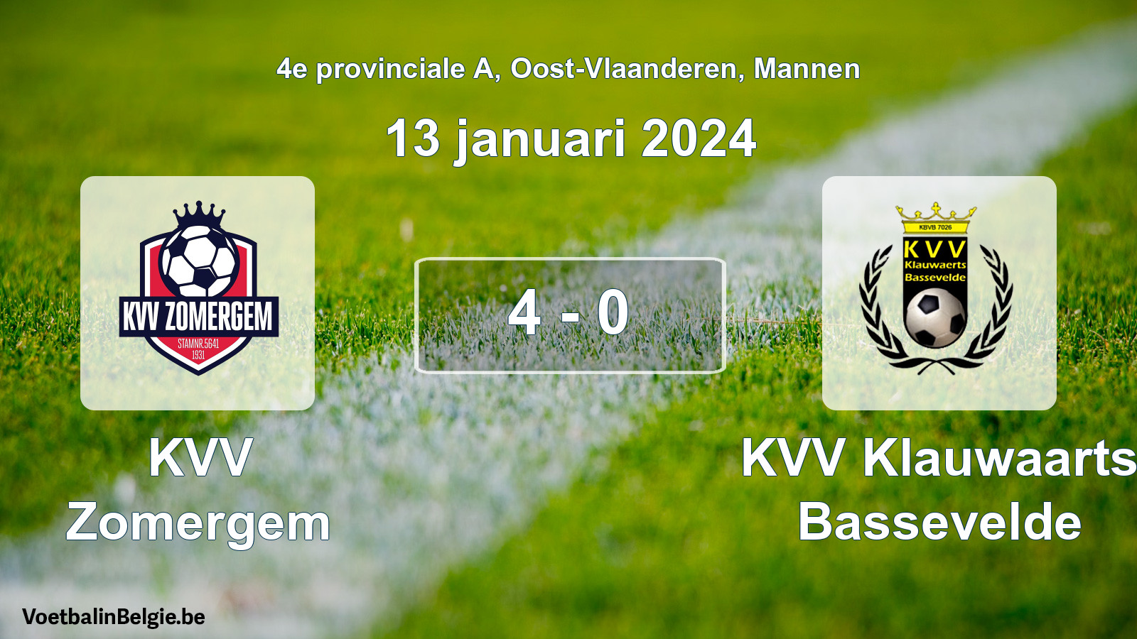 Gespeelde wedstrijd mannenvoetbal: KVV Zomergem - KVV Klauwaarts Bassevelde 4 - 0 (13 januari 2024)