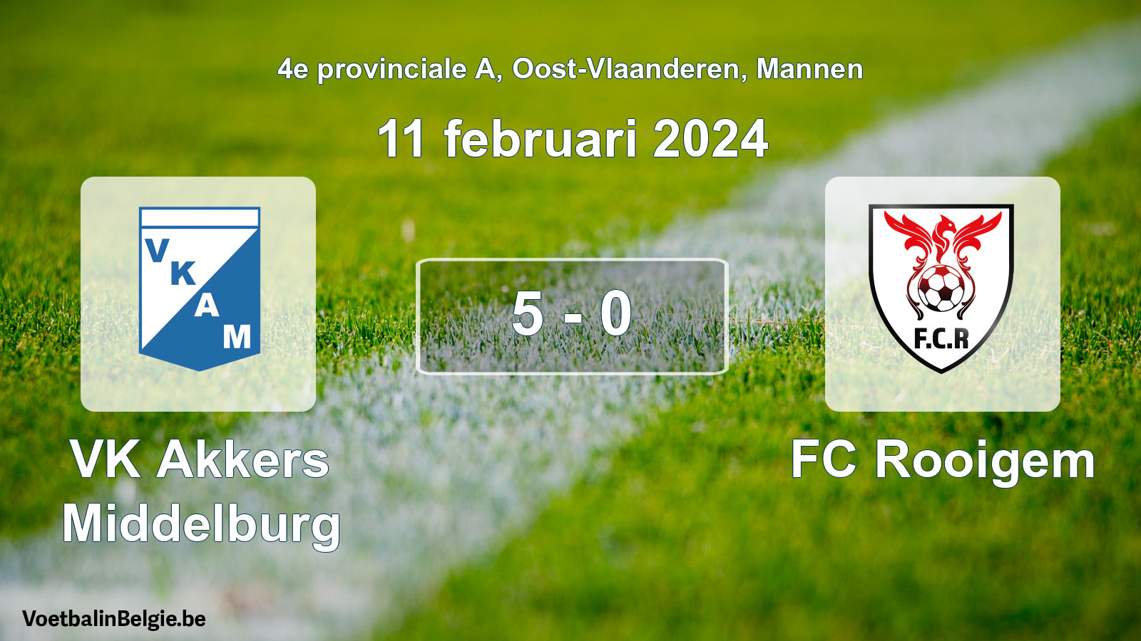 Gespeelde wedstrijd mannenvoetbal: VK Akkers Middelburg - FC Rooigem 5 - 0 (11 februari 2024)