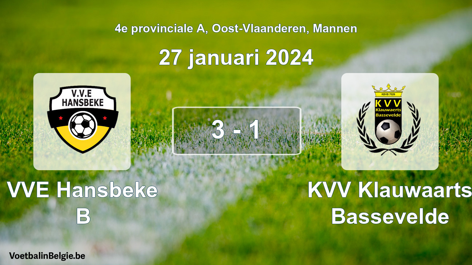 Gespeelde wedstrijd mannenvoetbal: VVE Hansbeke B - KVV Klauwaarts Bassevelde 3 - 1 (27 januari 2024)