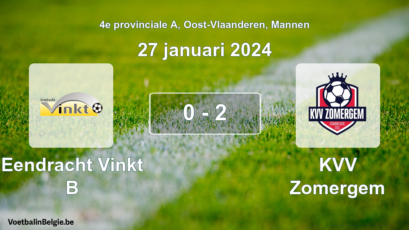 Gespeelde wedstrijd mannenvoetbal: Eendracht Vinkt B - KVV Zomergem 0 - 2 (27 januari 2024)