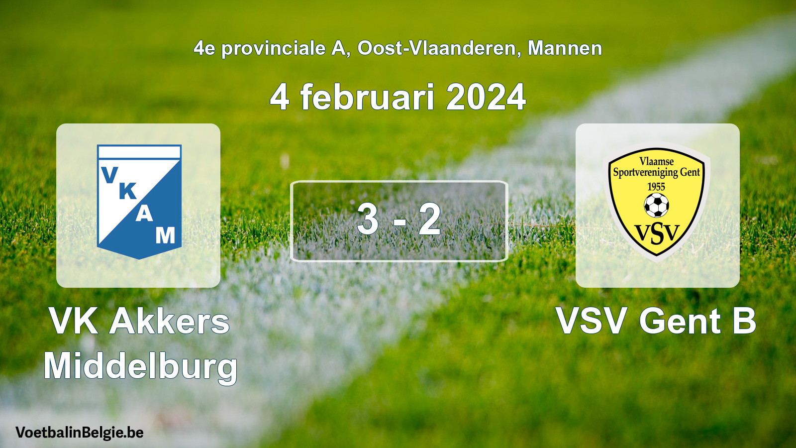 Gespeelde wedstrijd mannenvoetbal: VK Akkers Middelburg - VSV Gent B 3 - 2 (4 februari 2024)