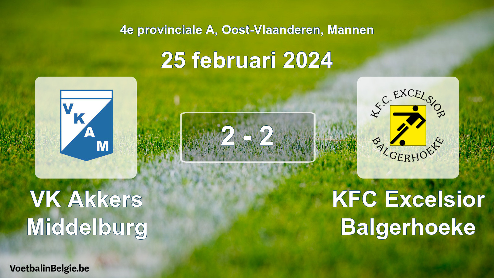 Gespeelde wedstrijd mannenvoetbal: VK Akkers Middelburg - KFC Excelsior Balgerhoeke 2 - 2 (25 februari 2024)