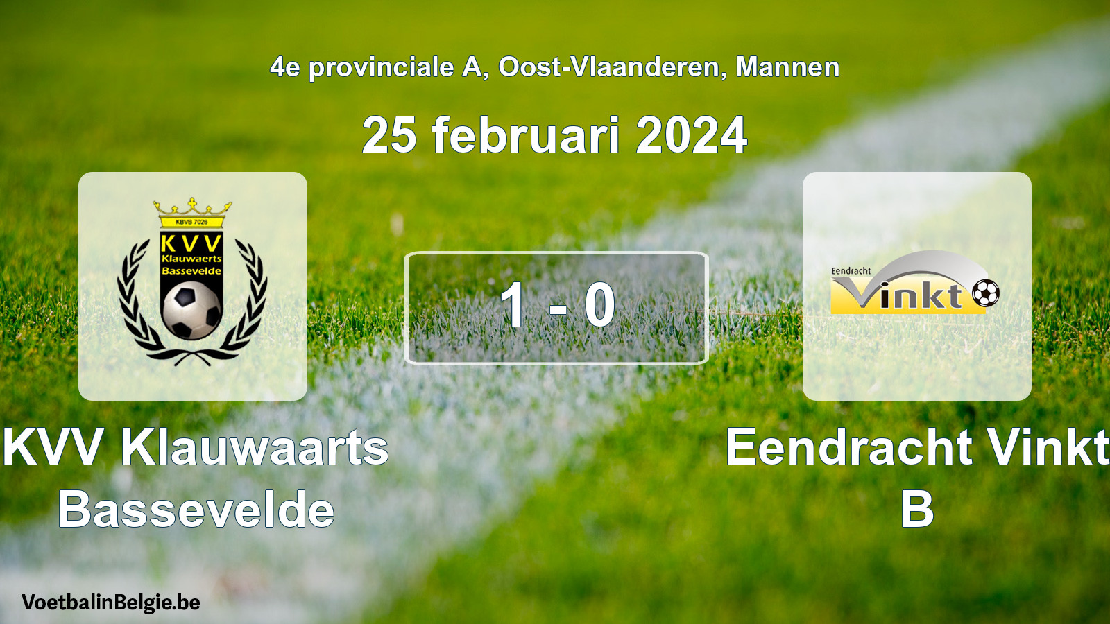 Gespeelde wedstrijd mannenvoetbal: KVV Klauwaarts Bassevelde - Eendracht Vinkt B 1 - 0 (25 februari 2024)
