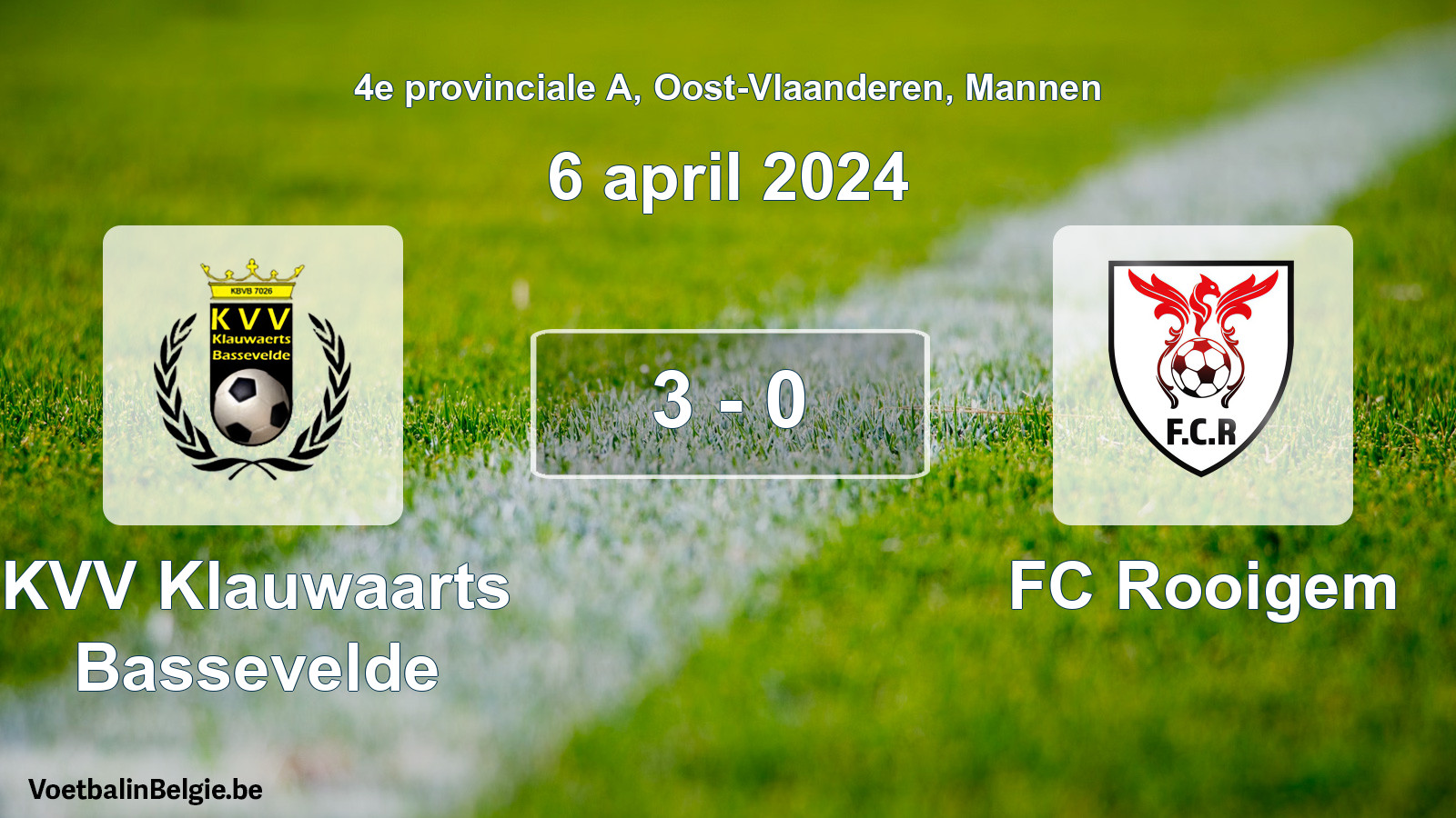Gespeelde wedstrijd mannenvoetbal: KVV Klauwaarts Bassevelde - FC Rooigem 3 - 0 (6 april 2024)