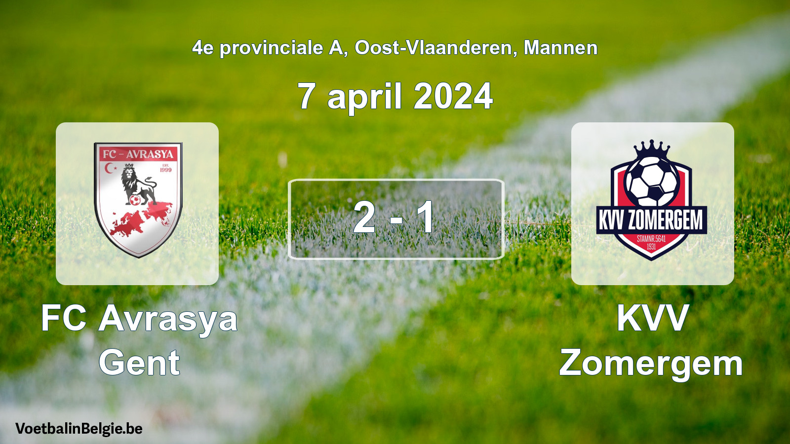 Gespeelde wedstrijd mannenvoetbal: FC Avrasya Gent - KVV Zomergem 2 - 1 (7 april 2024)