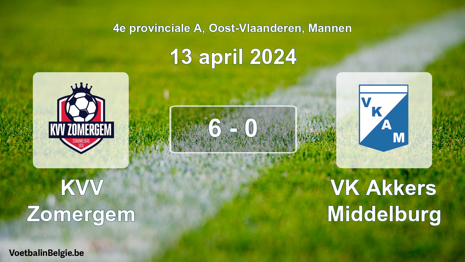Gespeelde wedstrijd mannenvoetbal: KVV Zomergem - VK Akkers Middelburg 6 - 0 (13 april 2024)