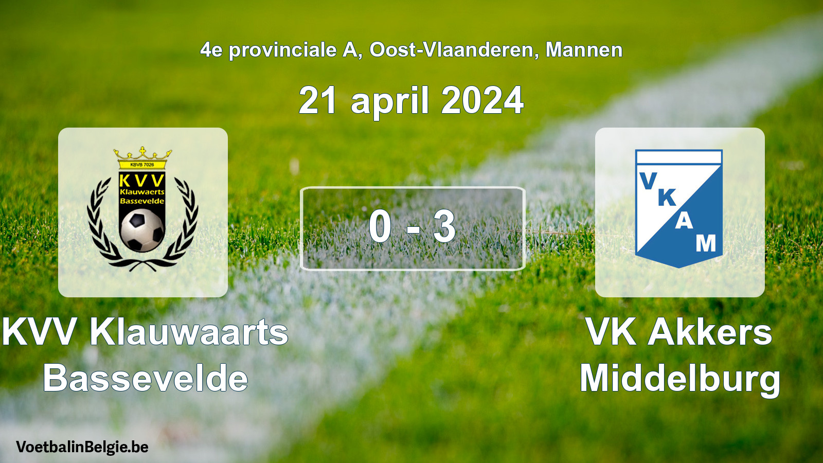 Gespeelde wedstrijd mannenvoetbal: KVV Klauwaarts Bassevelde - VK Akkers Middelburg 0 - 3 (21 april 2024)