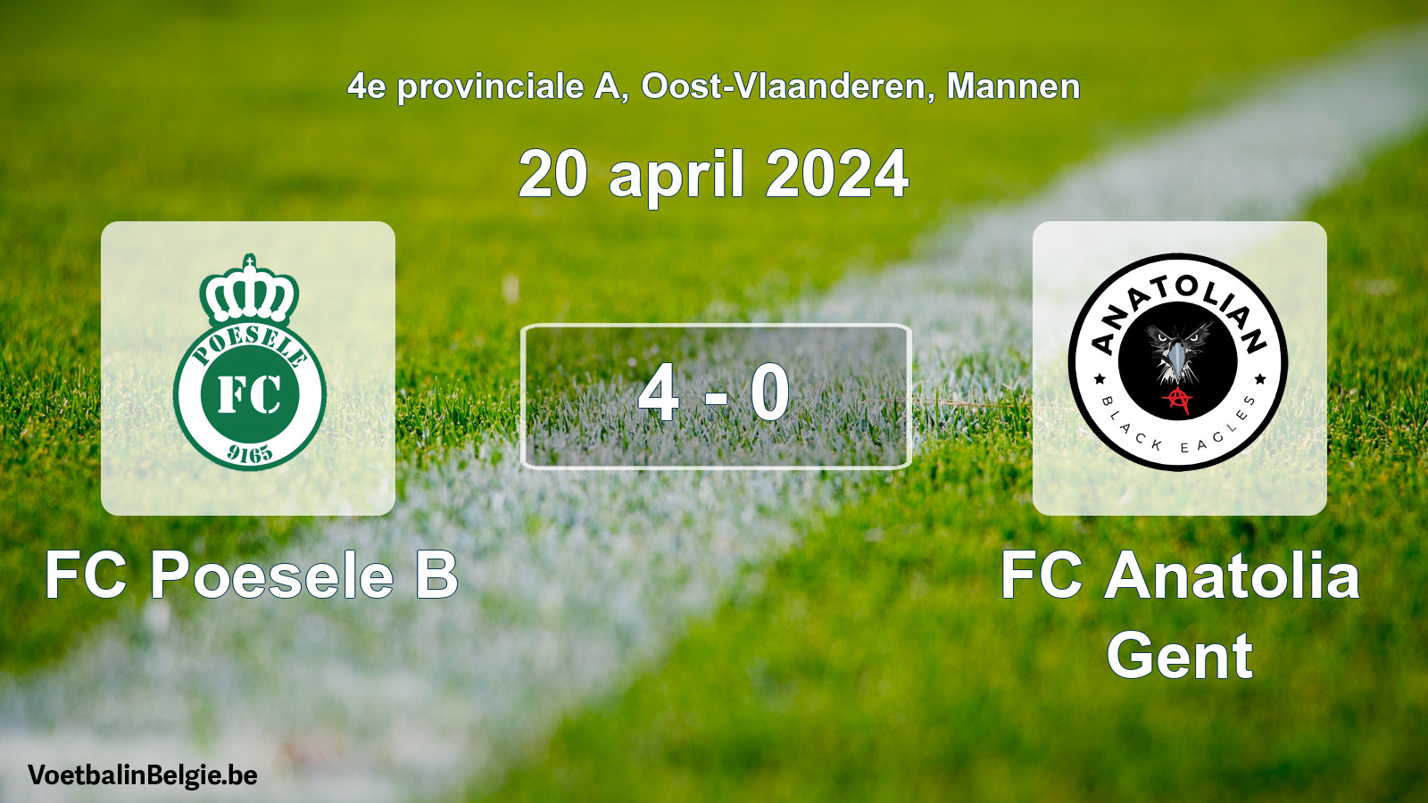 Gespeelde wedstrijd mannenvoetbal: FC Poesele B - FC Anatolia Gent 4 - 0 (20 april 2024)