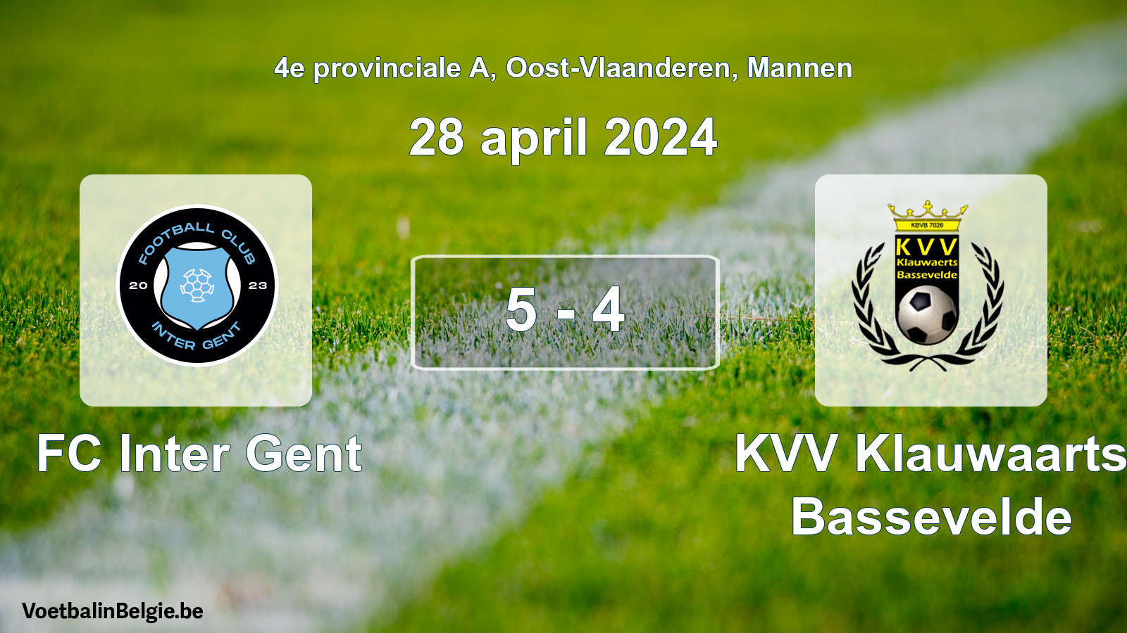 Gespeelde wedstrijd mannenvoetbal: FC Inter Gent - KVV Klauwaarts Bassevelde 5 - 4 (28 april 2024)