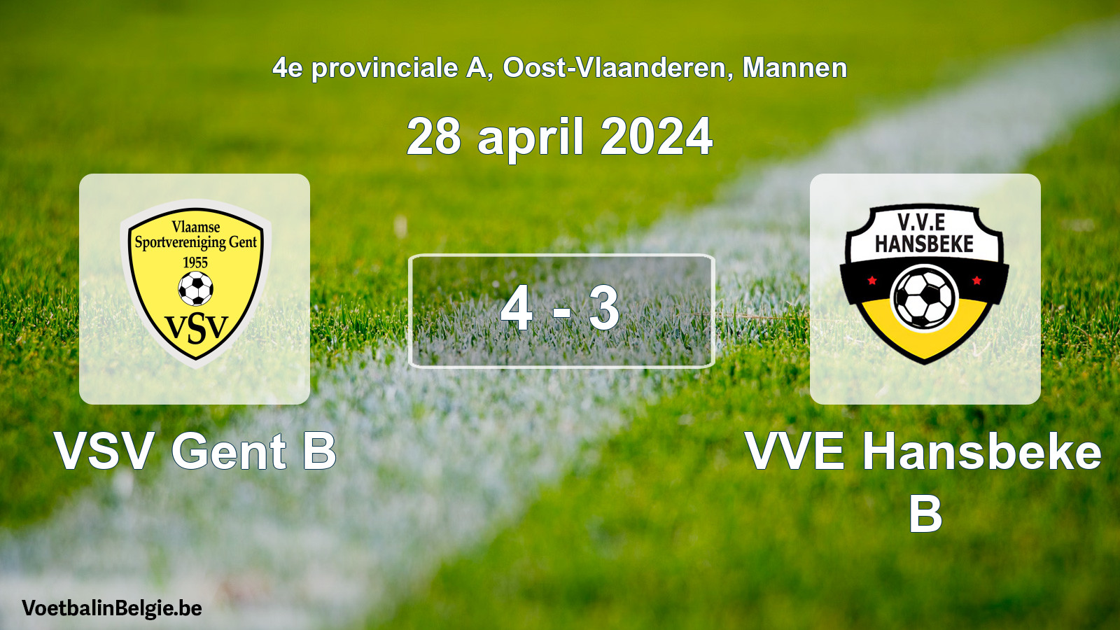 Gespeelde wedstrijd mannenvoetbal: VSV Gent B - VVE Hansbeke B 4 - 3 (28 april 2024)