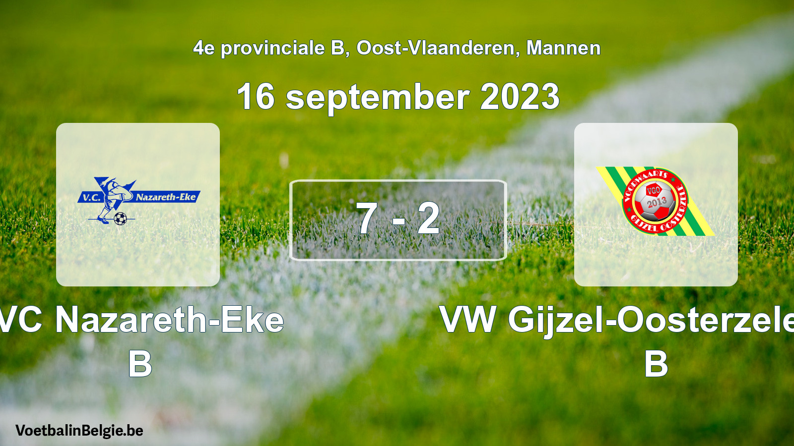 Gespeelde wedstrijd mannenvoetbal: VC Nazareth-Eke B - VW Gijzel-Oosterzele VW B 7 - 2 (16 september 2023)