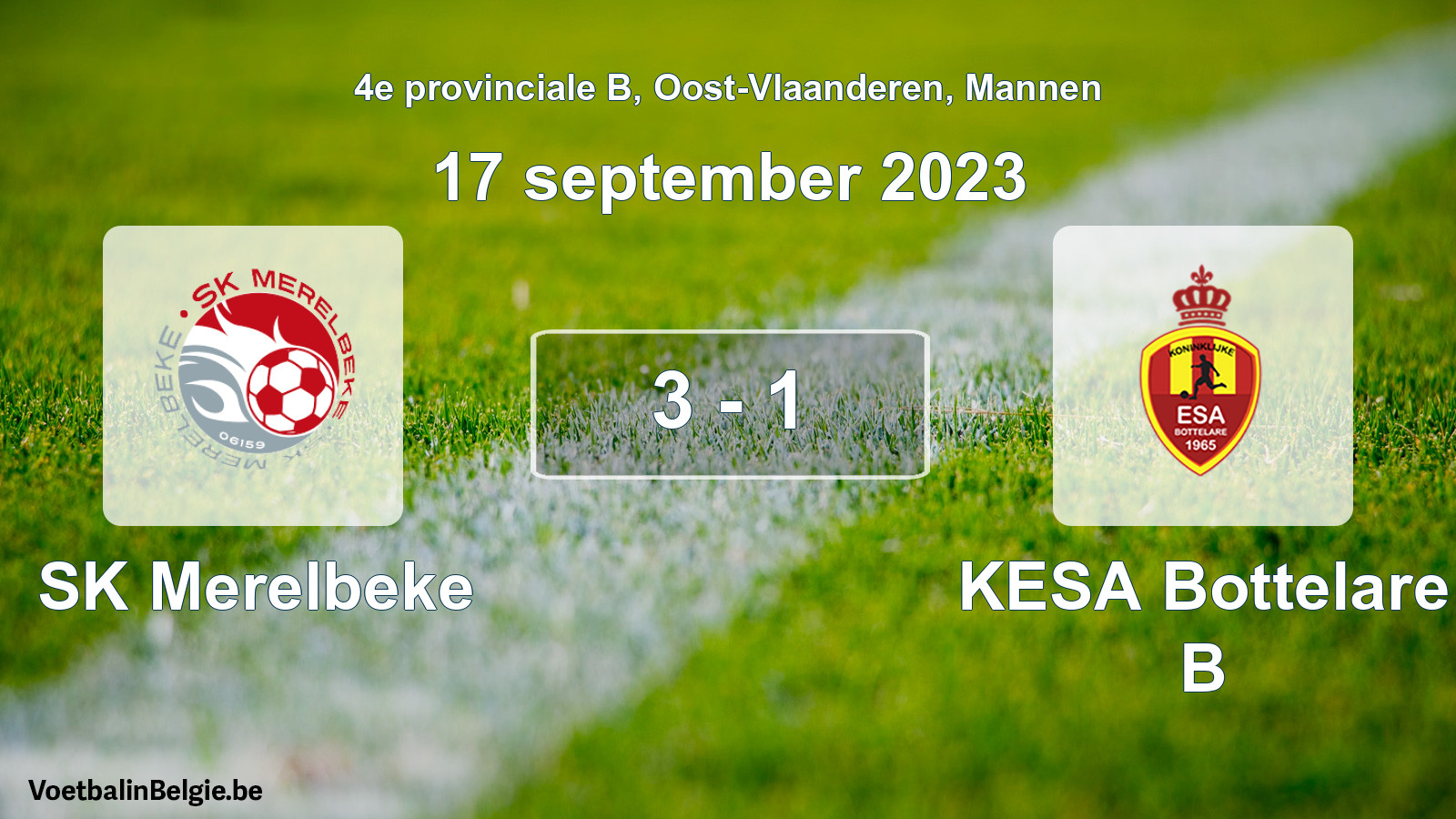 Gespeelde wedstrijd mannenvoetbal: SK Merelbeke - KESA Bottelare B 3 - 1 (17 september 2023)