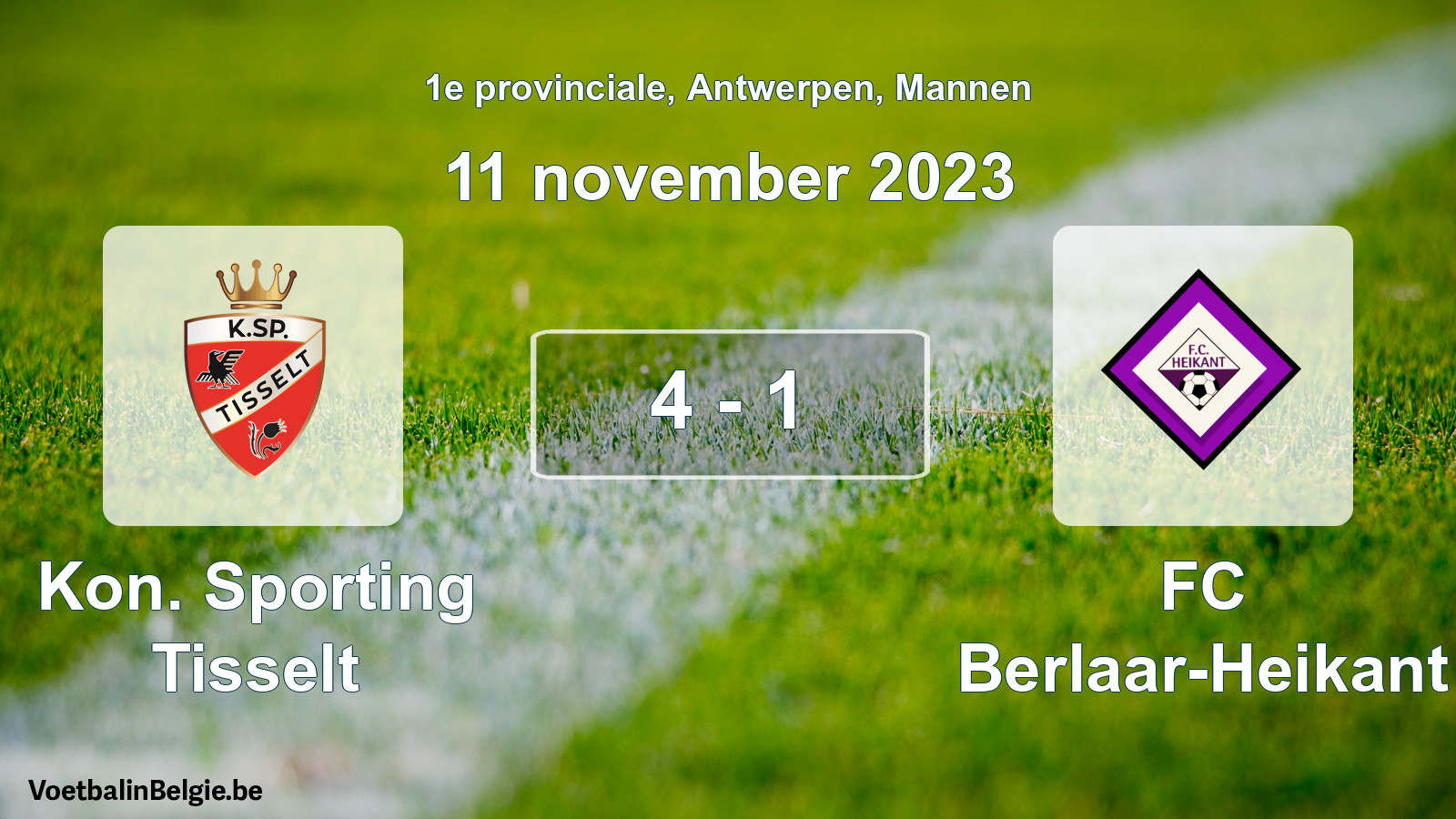 Gespeelde wedstrijd mannenvoetbal: Kon. Sporting Tisselt - FC Berlaar-Heikant 4 - 1 (11 november 2023)