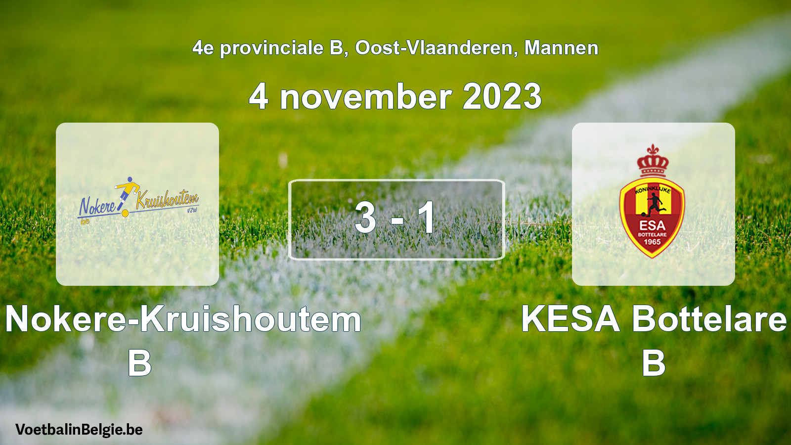 Gespeelde wedstrijd mannenvoetbal: KVC Nokere-Kruishoutem B - KESA Bottelare B 3 - 1 (4 november 2023)
