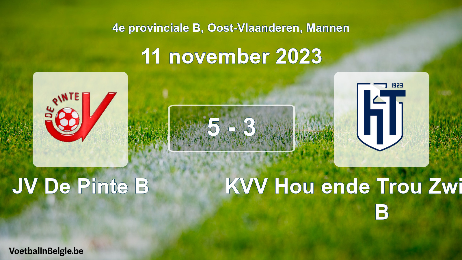Gespeelde wedstrijd mannenvoetbal: JV De Pinte B - KVV Hou ende Trou Zwijnaarde B 5 - 3 (11 november 2023)
