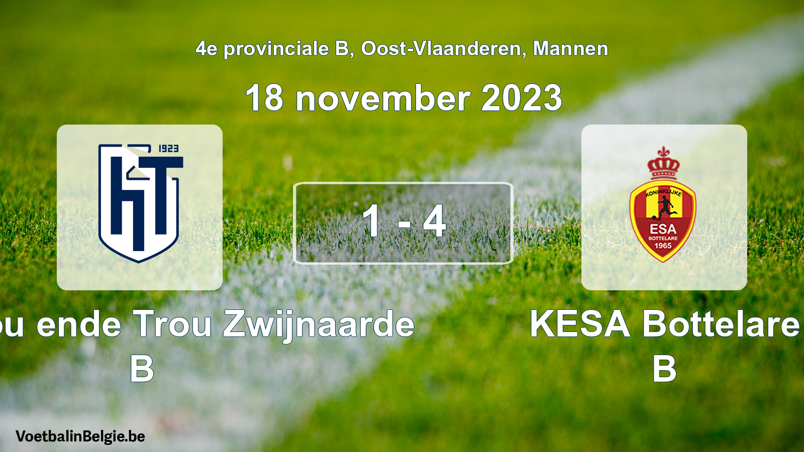 Gespeelde wedstrijd mannenvoetbal: KVV Hou ende Trou Zwijnaarde B - KESA Bottelare B 1 - 4 (18 november 2023)