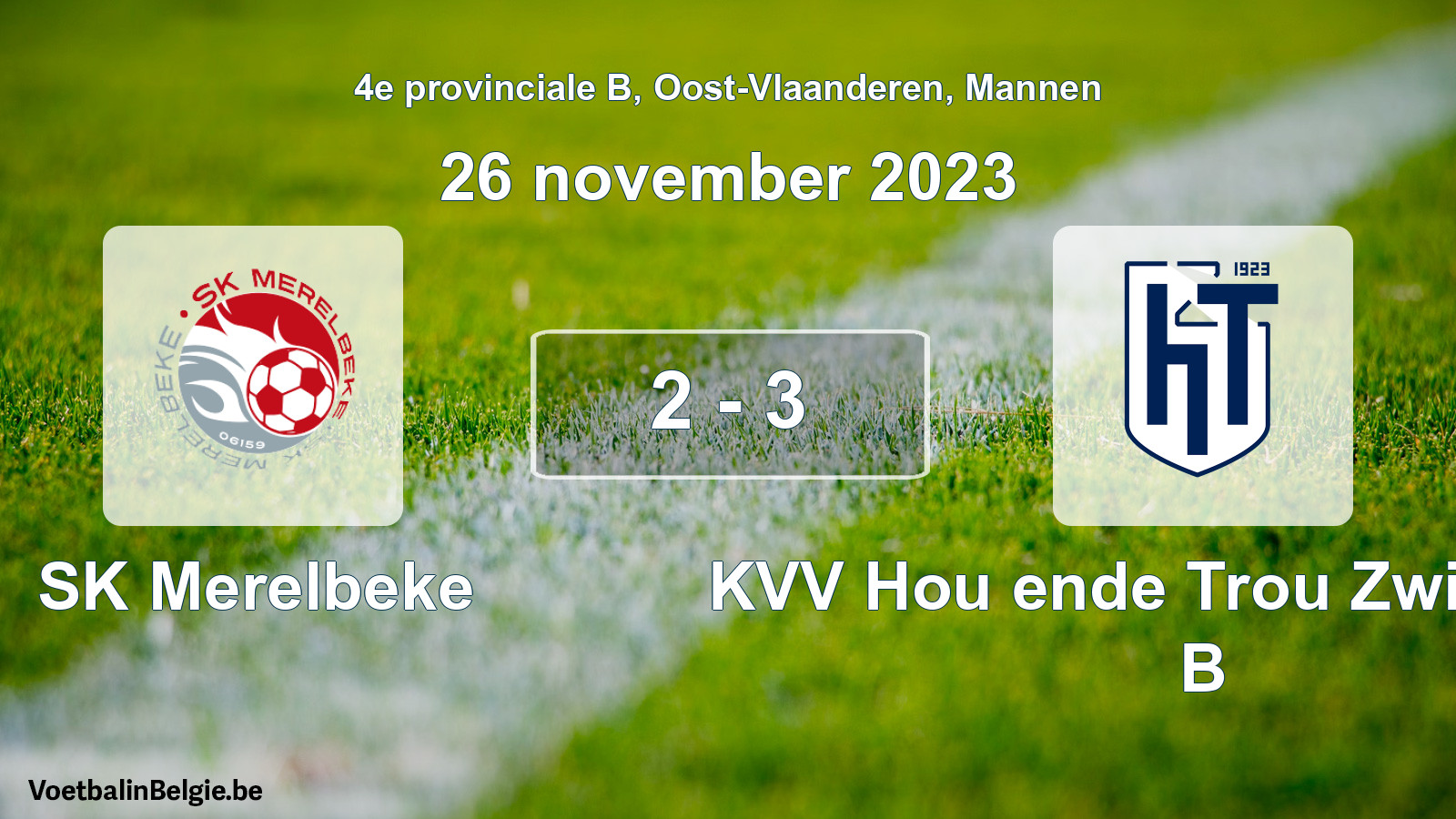 Gespeelde wedstrijd mannenvoetbal: SK Merelbeke - KVV Hou ende Trou Zwijnaarde B 2 - 3 (26 november 2023)