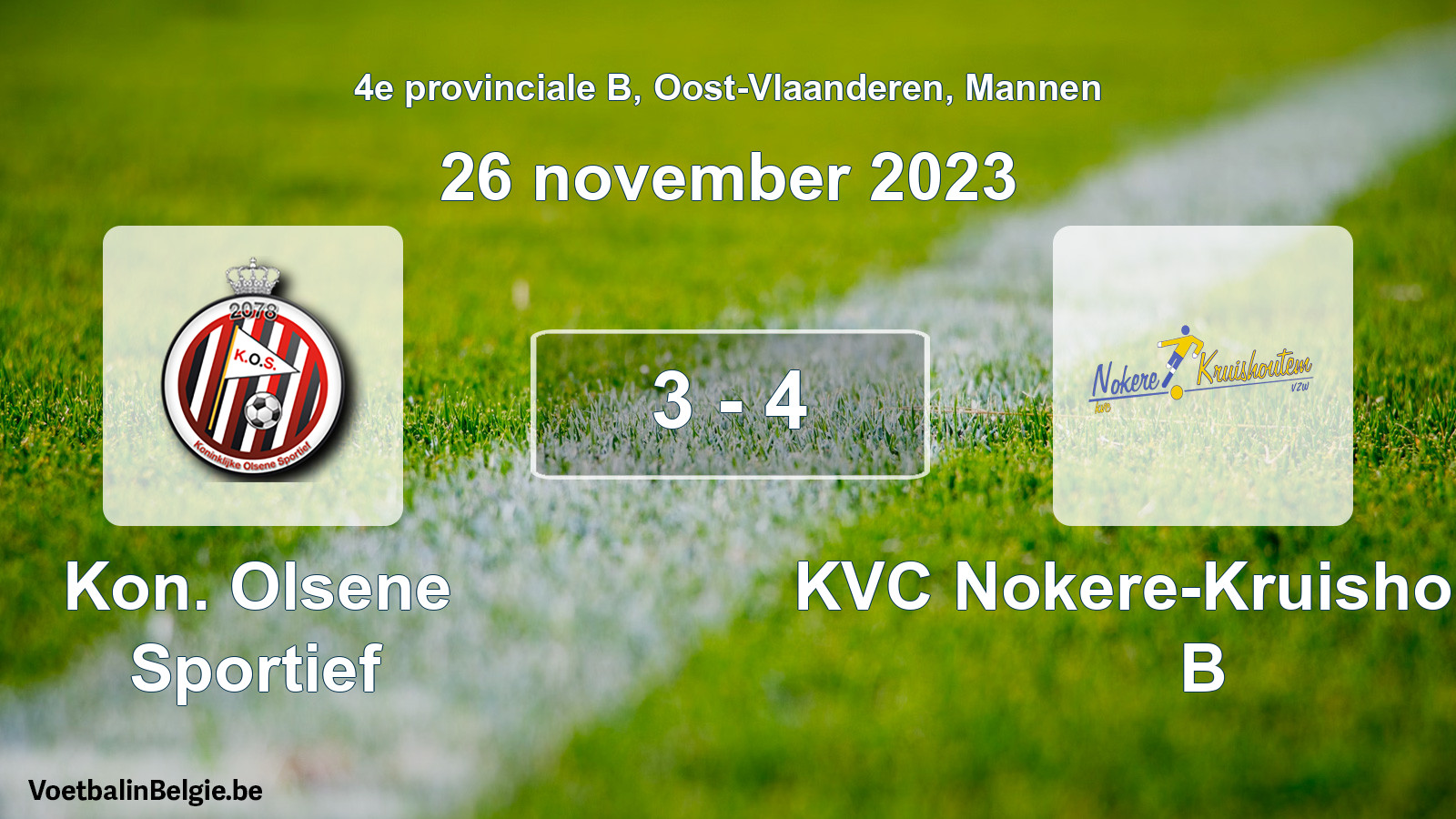 Gespeelde wedstrijd mannenvoetbal: Kon. Olsene Sportief - KVC Nokere-Kruishoutem B 3 - 4 (26 november 2023)
