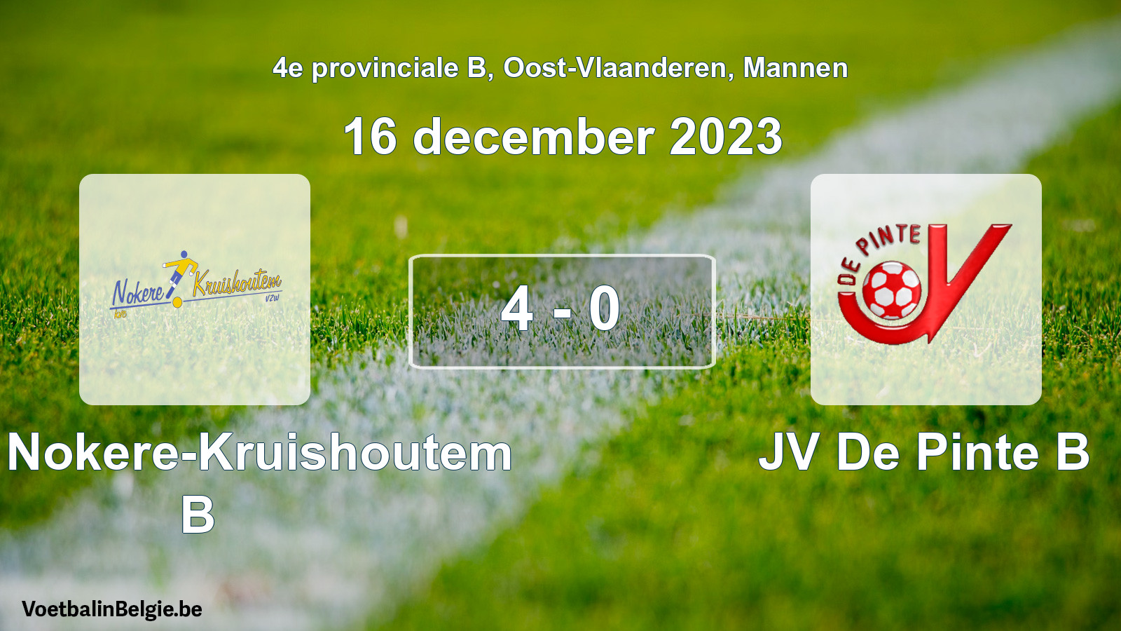 Gespeelde wedstrijd mannenvoetbal: KVC Nokere-Kruishoutem B - JV De Pinte B 4 - 0 (16 december 2023)