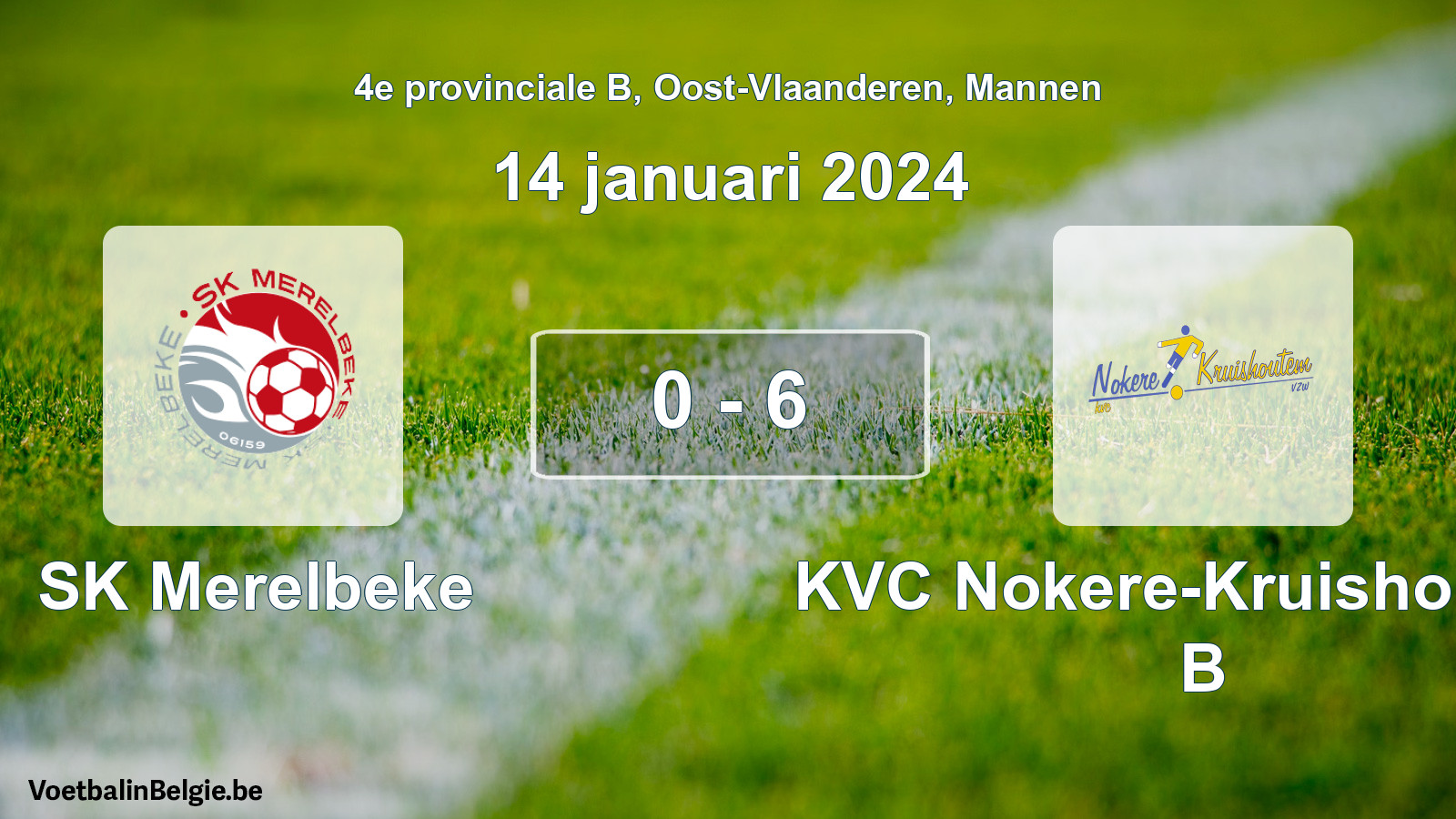 Gespeelde wedstrijd mannenvoetbal: SK Merelbeke - KVC Nokere-Kruishoutem B 0 - 6 (14 januari 2024)