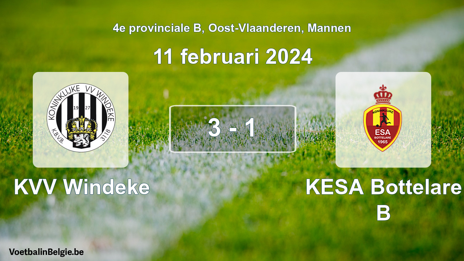 Gespeelde wedstrijd mannenvoetbal: KVV Windeke - KESA Bottelare B 3 - 1 (11 februari 2024)
