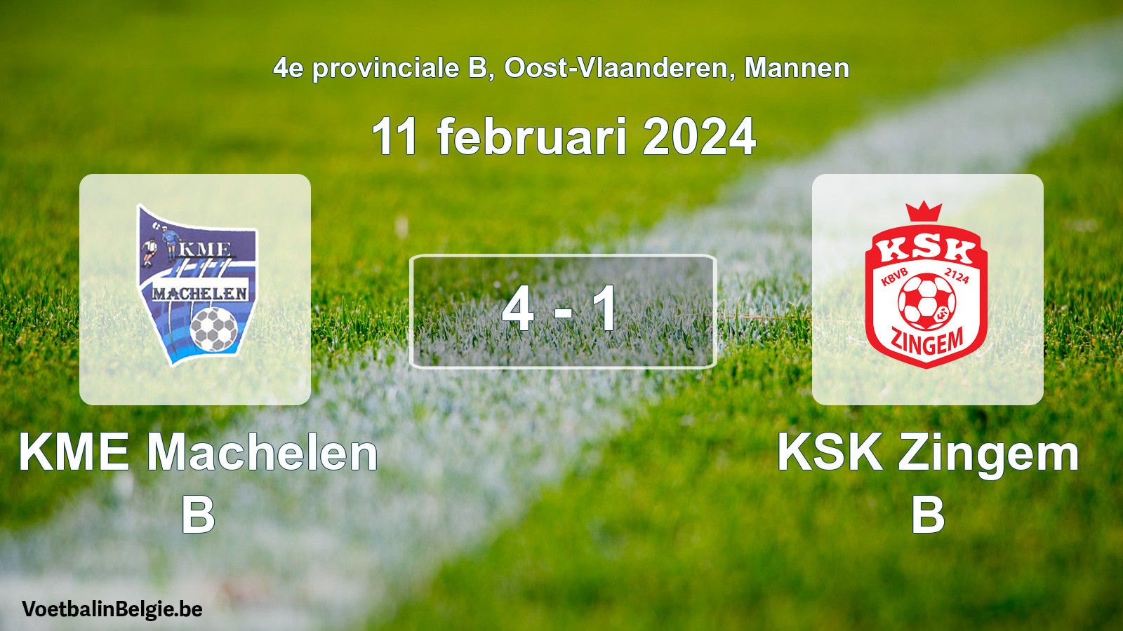 Gespeelde wedstrijd mannenvoetbal: KME Machelen B - KSK Zingem B 4 - 1 (11 februari 2024)