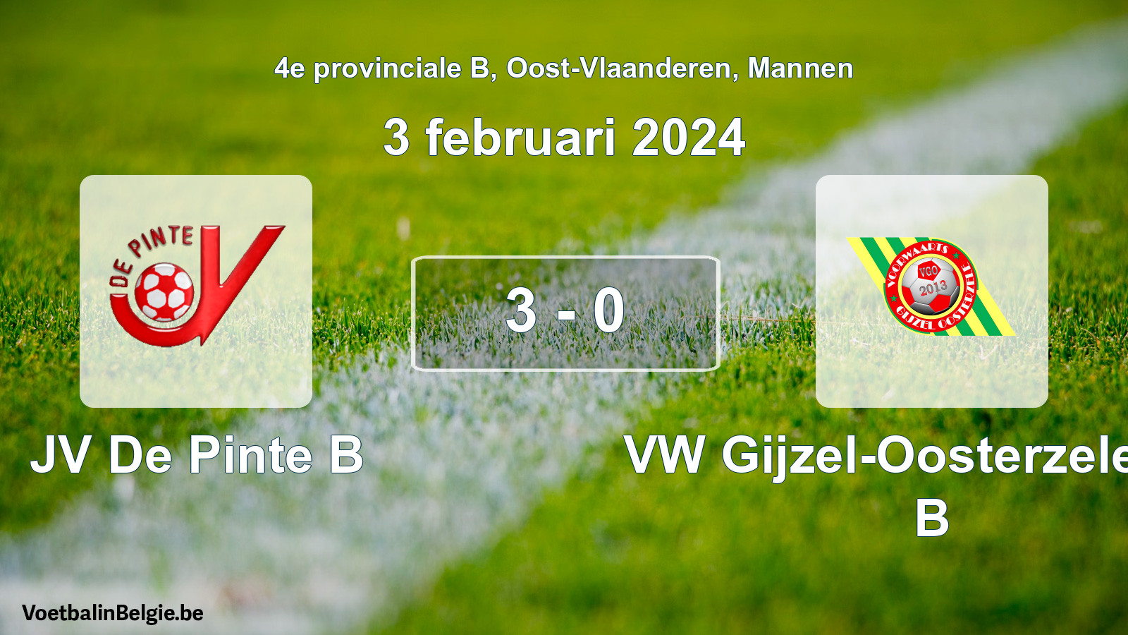 Gespeelde wedstrijd mannenvoetbal: JV De Pinte B - VW Gijzel-Oosterzele VW B 3 - 0 (3 februari 2024)