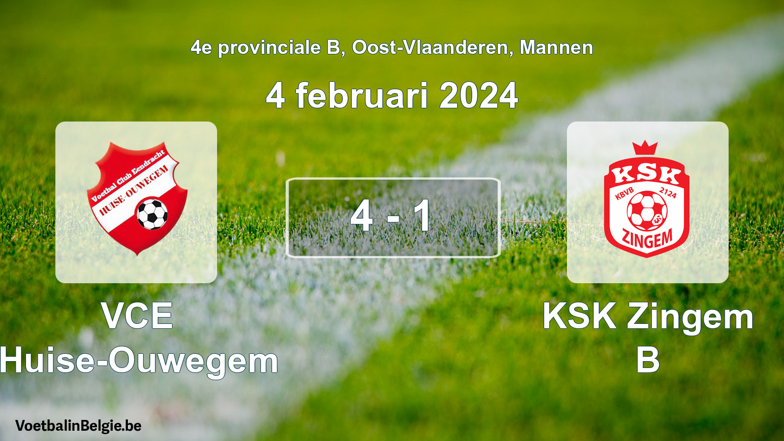 Gespeelde wedstrijd mannenvoetbal: VCE Huise-Ouwegem - KSK Zingem B 4 - 1 (4 februari 2024)