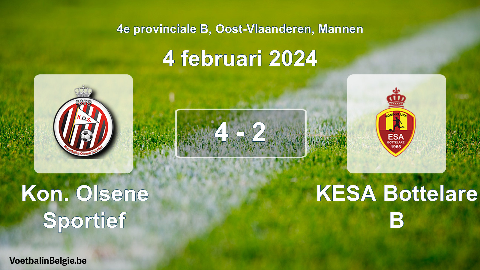 Gespeelde wedstrijd mannenvoetbal: Kon. Olsene Sportief - KESA Bottelare B 4 - 2 (4 februari 2024)