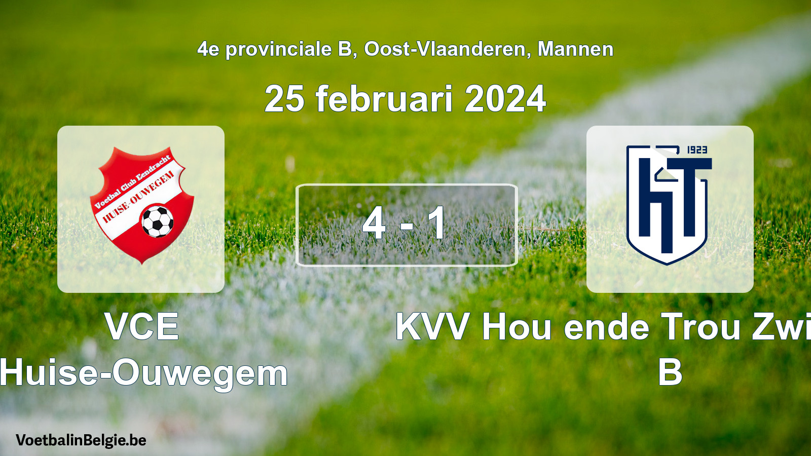 Gespeelde wedstrijd mannenvoetbal: VCE Huise-Ouwegem - KVV Hou ende Trou Zwijnaarde B 4 - 1 (25 februari 2024)