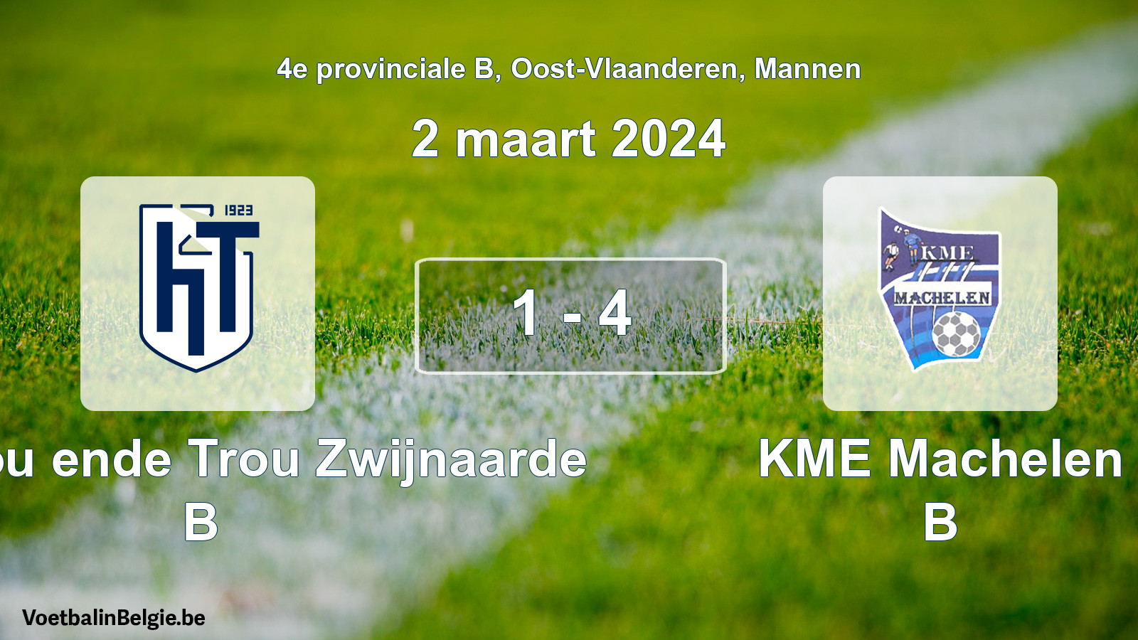 Gespeelde wedstrijd mannenvoetbal: KVV Hou ende Trou Zwijnaarde B - KME Machelen B 1 - 4 (2 maart 2024)