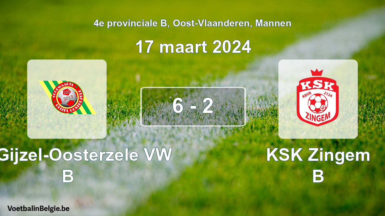 Gespeelde wedstrijd mannenvoetbal: VW Gijzel-Oosterzele VW B - KSK Zingem B 6 - 2 (17 maart 2024)