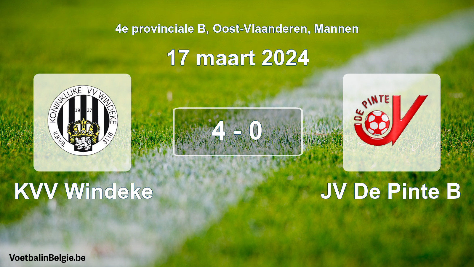 Gespeelde wedstrijd mannenvoetbal: KVV Windeke - JV De Pinte B 4 - 0 (17 maart 2024)