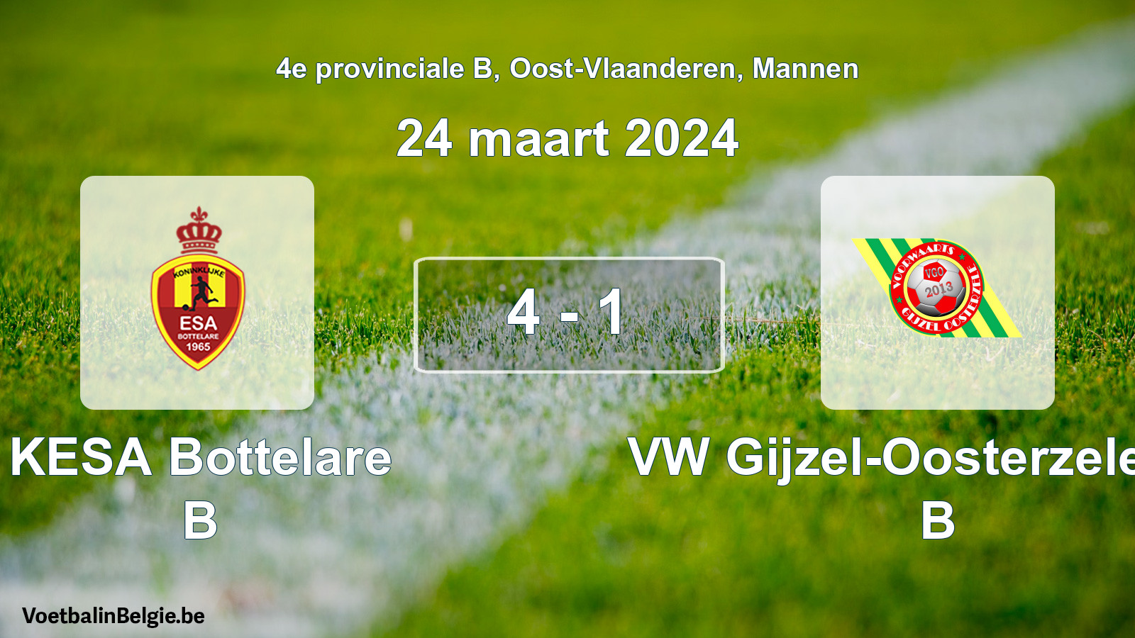 Gespeelde wedstrijd mannenvoetbal: KESA Bottelare B - VW Gijzel-Oosterzele VW B 4 - 1 (24 maart 2024)