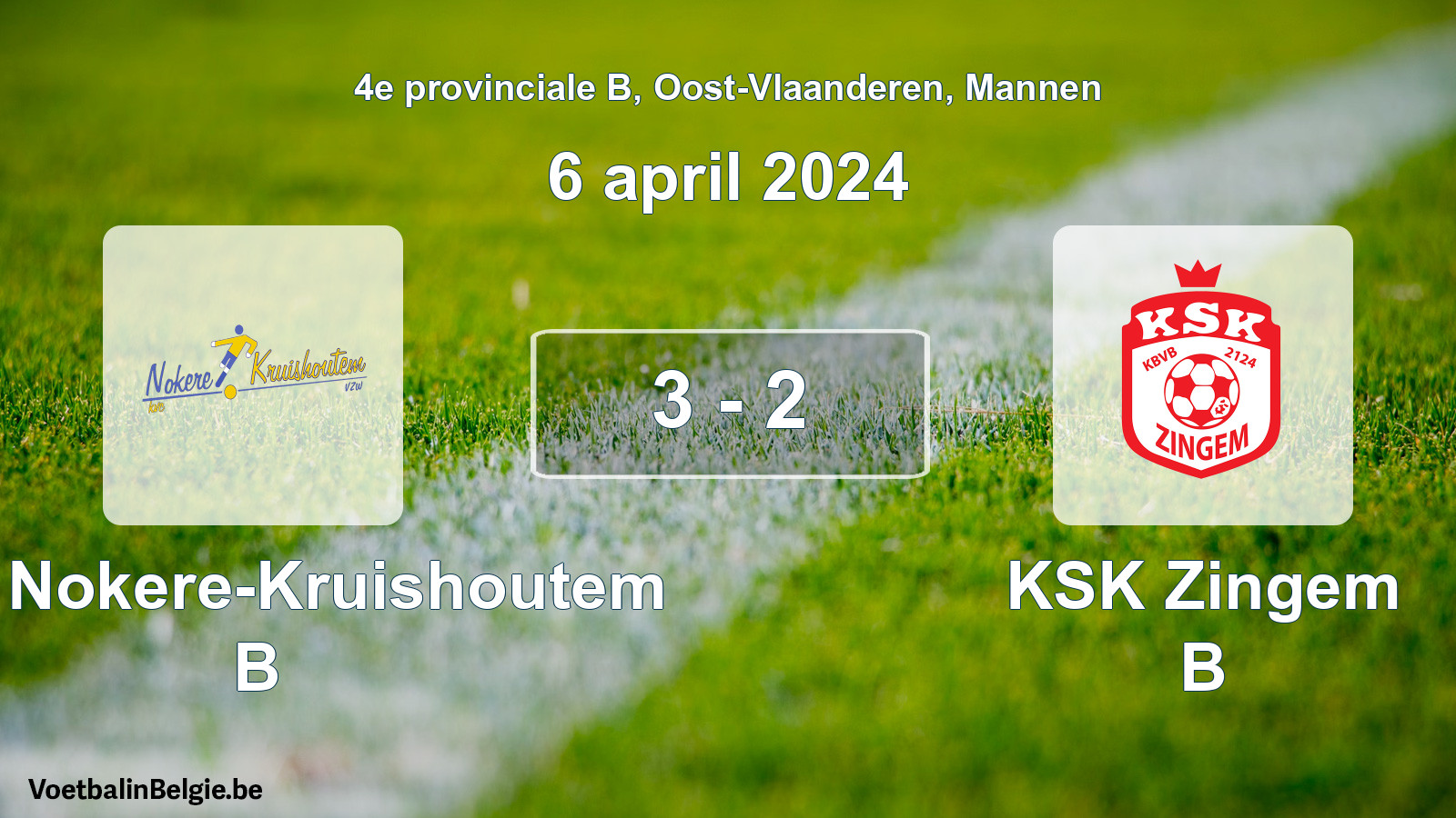 Gespeelde wedstrijd mannenvoetbal: KVC Nokere-Kruishoutem B - KSK Zingem B 3 - 2 (6 april 2024)