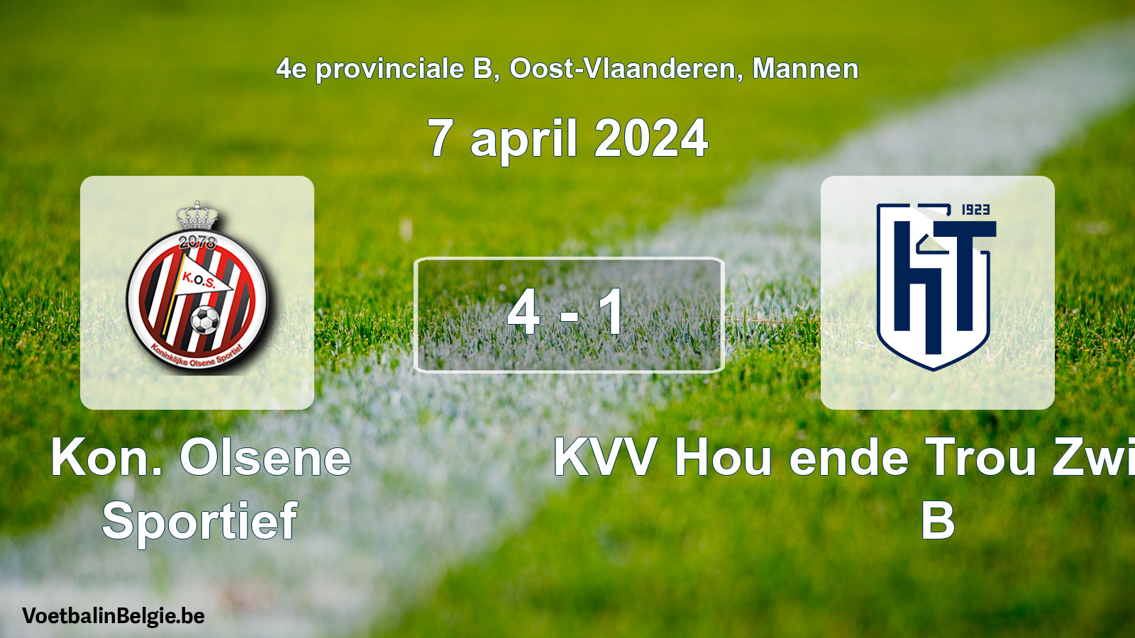 Played match men football: Kon. Olsene Sportief - KVV Hou ende Trou Zwijnaarde B 4 - 1 (7 April 2024)