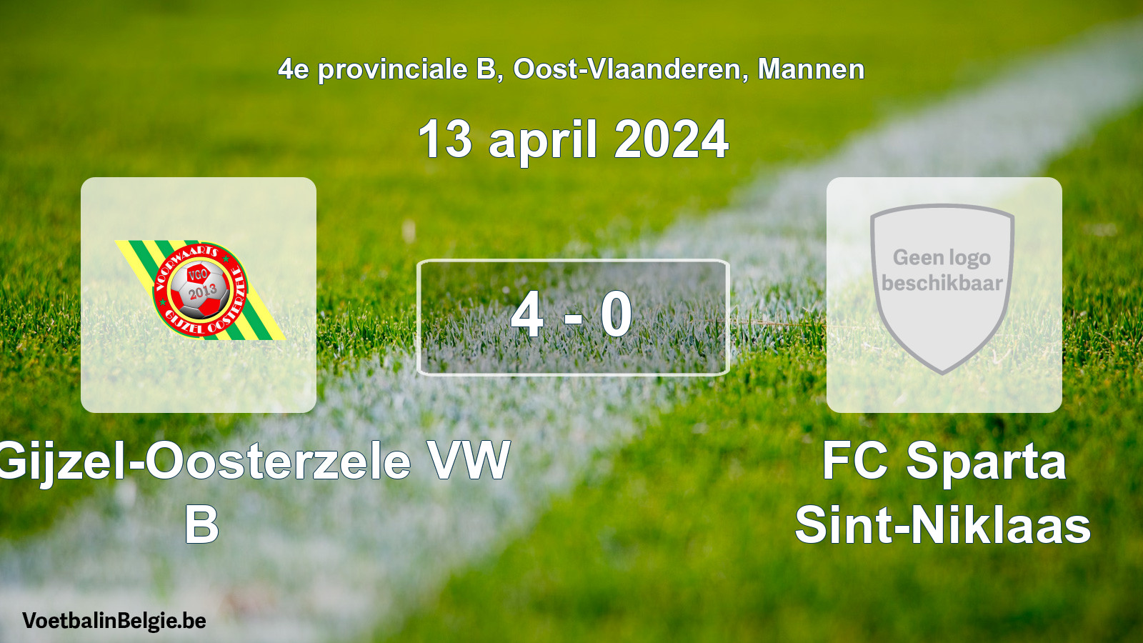 Gespeelde wedstrijd mannenvoetbal: VW Gijzel-Oosterzele VW B - FC Sparta Sint-Niklaas 4 - 0 (13 april 2024)